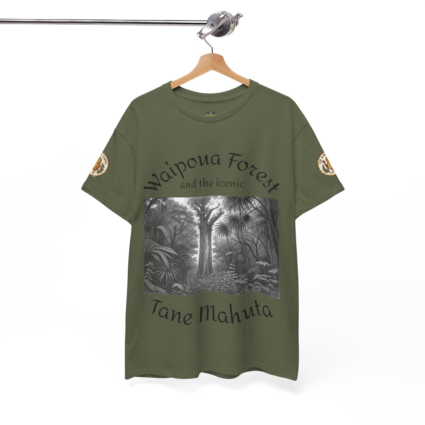 Olive graphic T-shirt with centered forest photo print, Waipoua Forest text, and sleeve patches