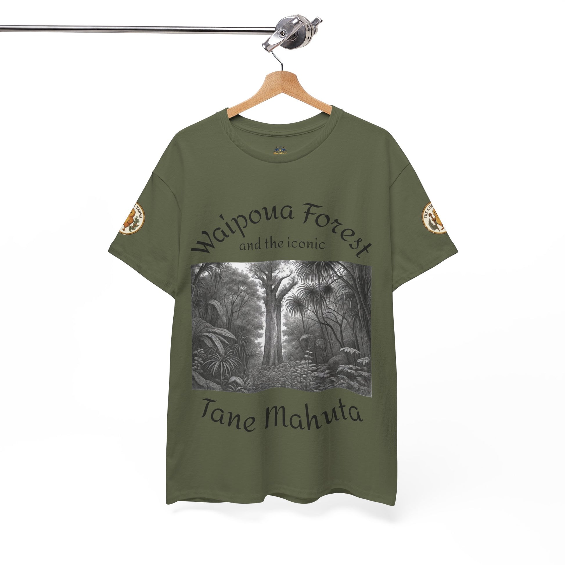 Olive graphic T-shirt with centered forest photo print, Waipoua Forest text, and sleeve patches