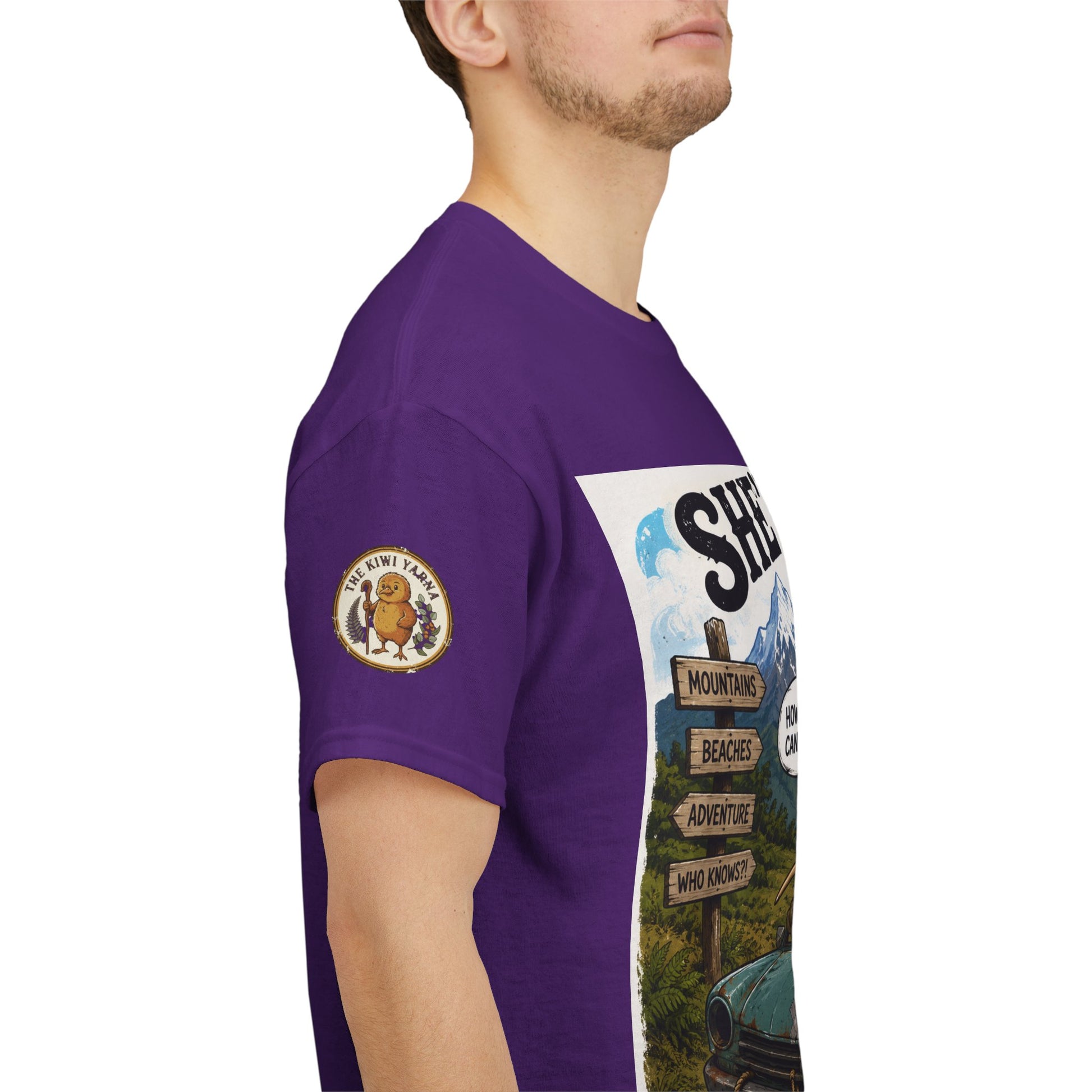 Purple T-shirt with sleeve circular logo patch and side graphic panel