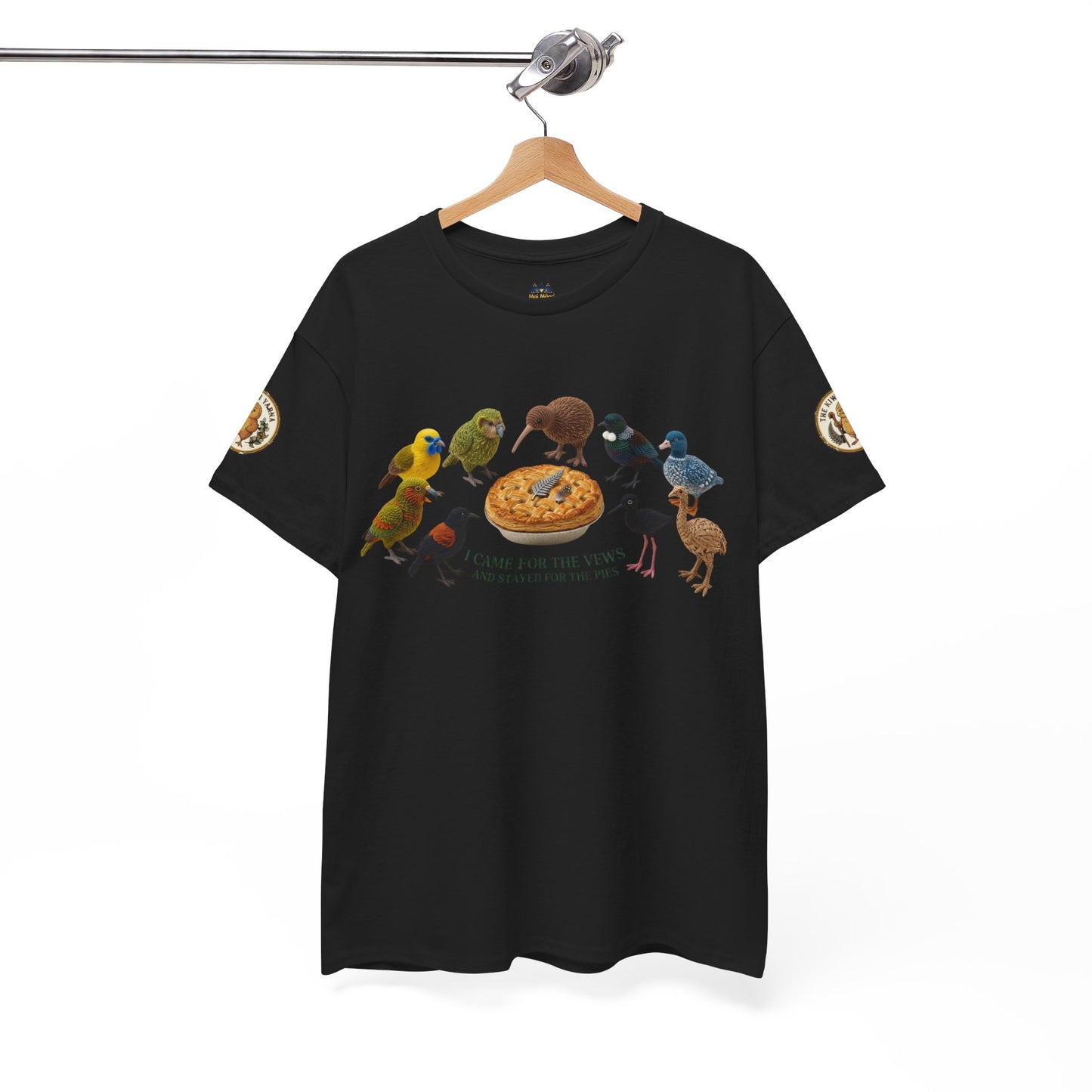 Black crewneck t-shirt on hanger, front view with birds and pizza artwork