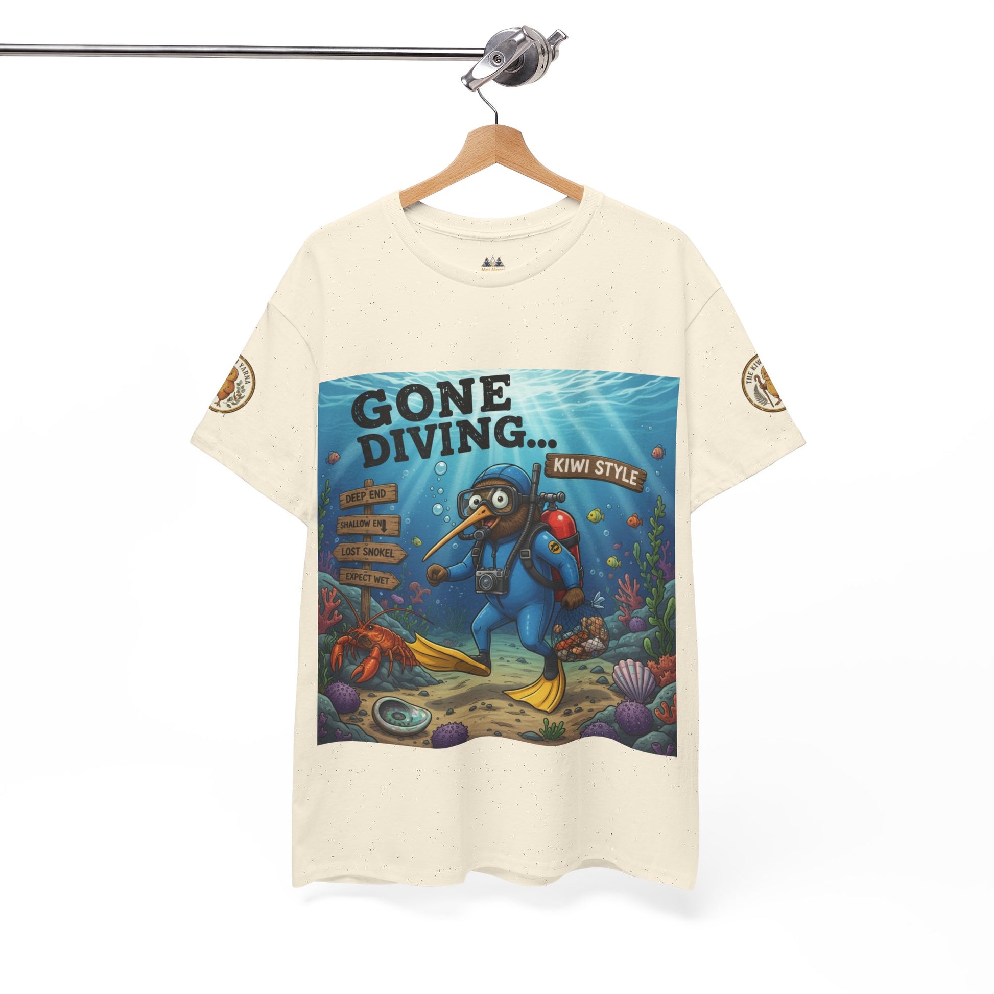 Off-white kids graphic T-shirt front on hanger with square diver artwork