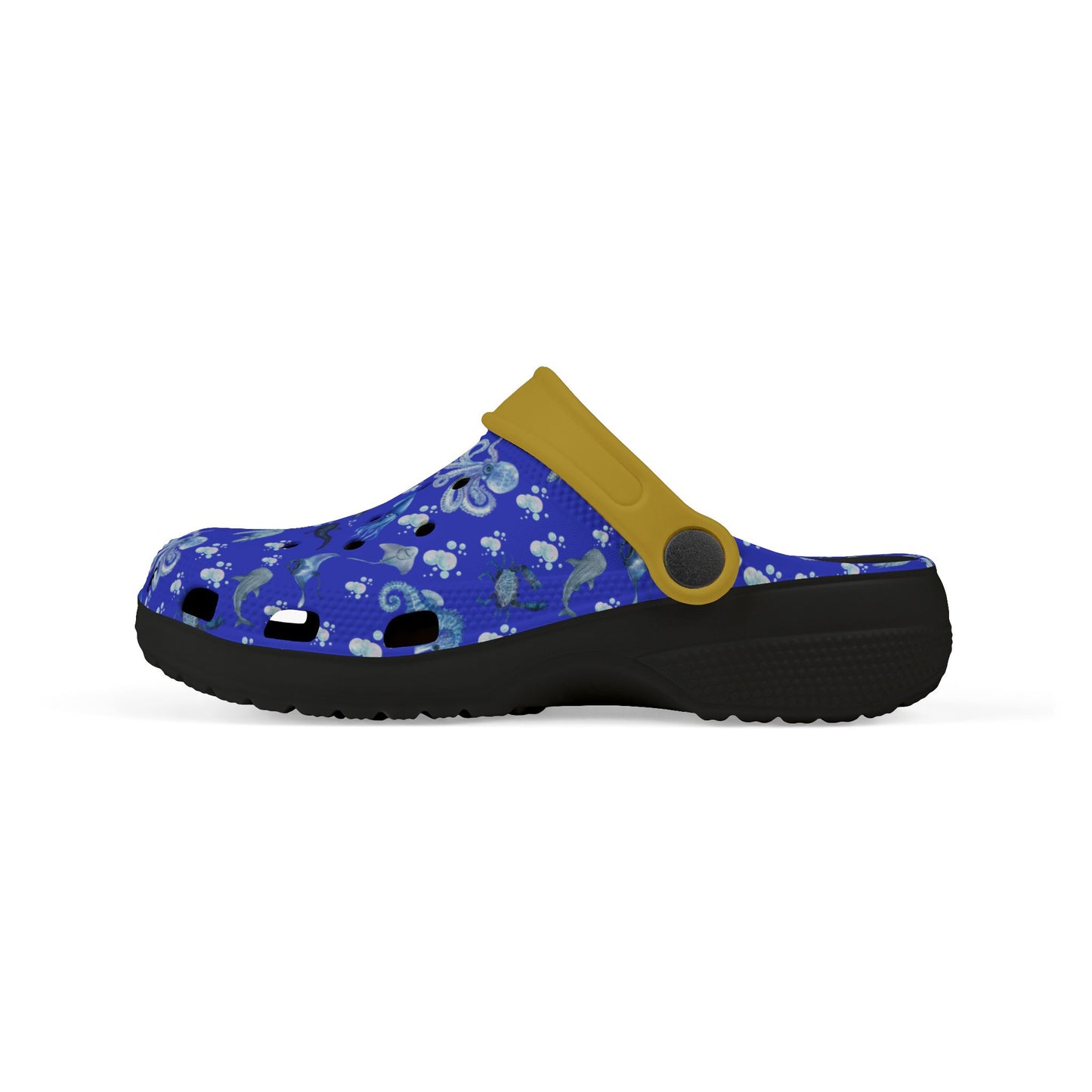 Kids' sea-themed clogs in blue print with yellow strap ring, black outsole