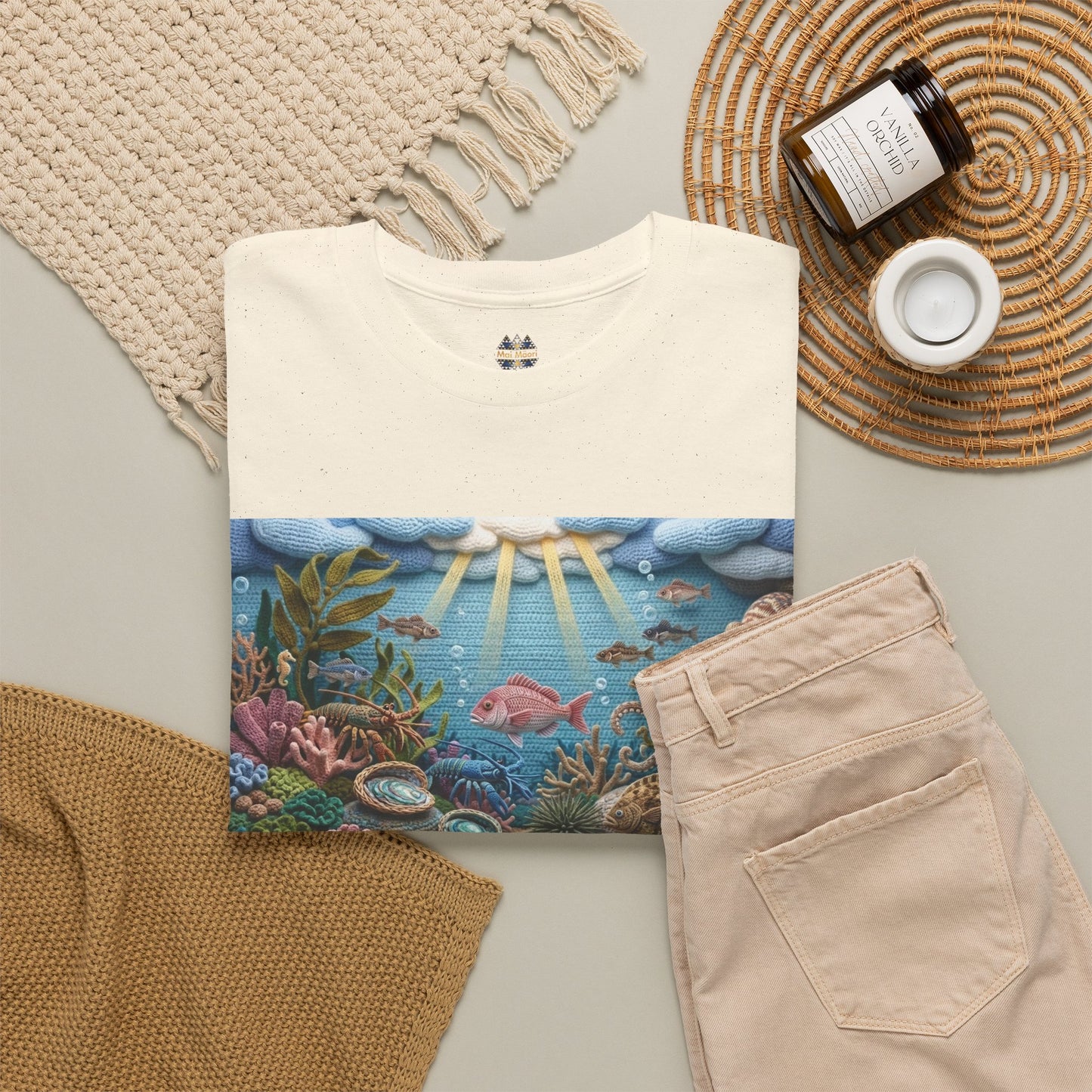 Off-white T-shirt with ocean reef fish graphic panel and crew-neck small logo