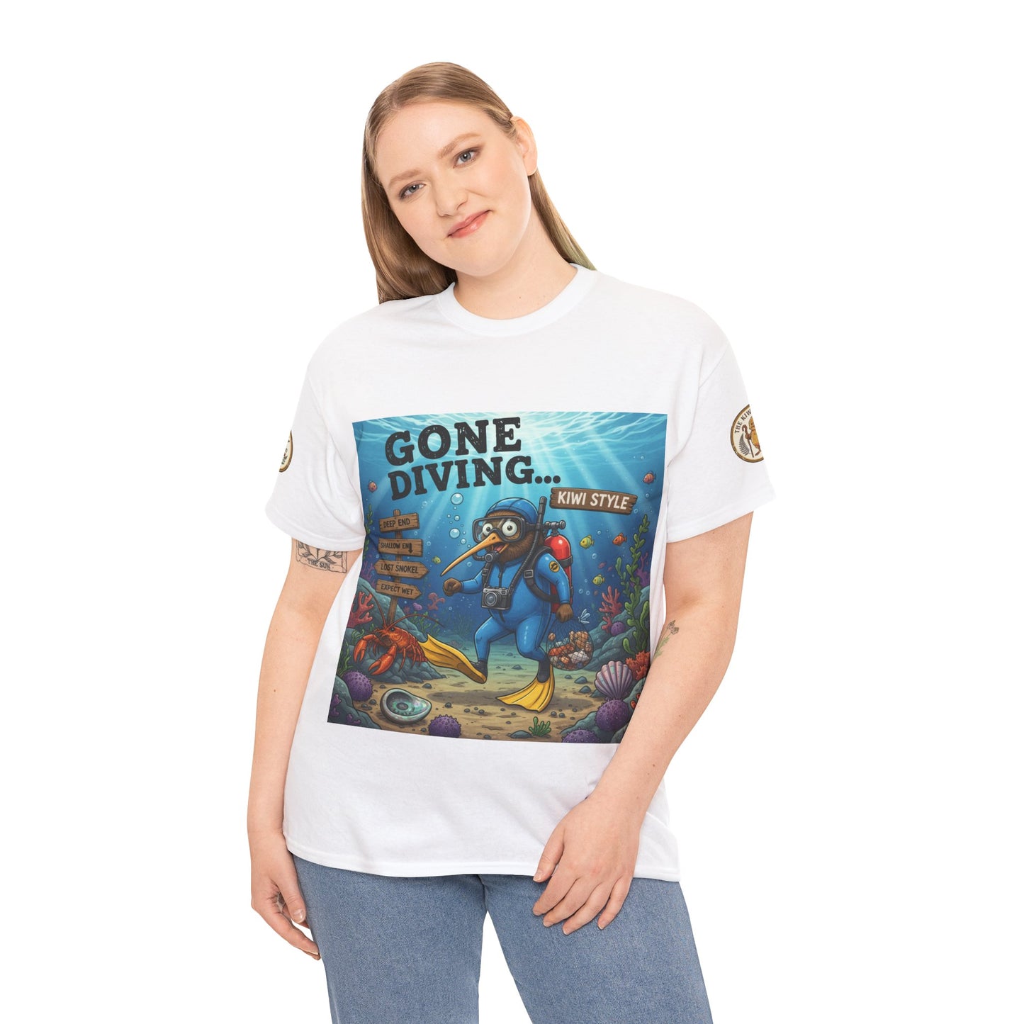White crewneck t-shirt worn by model, front diving character print