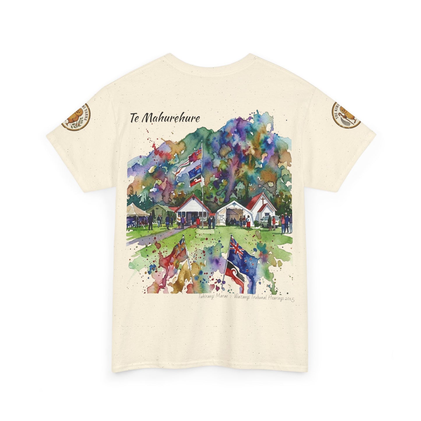 Cream short-sleeve T-shirt with watercolor-style village scene graphic on the front
