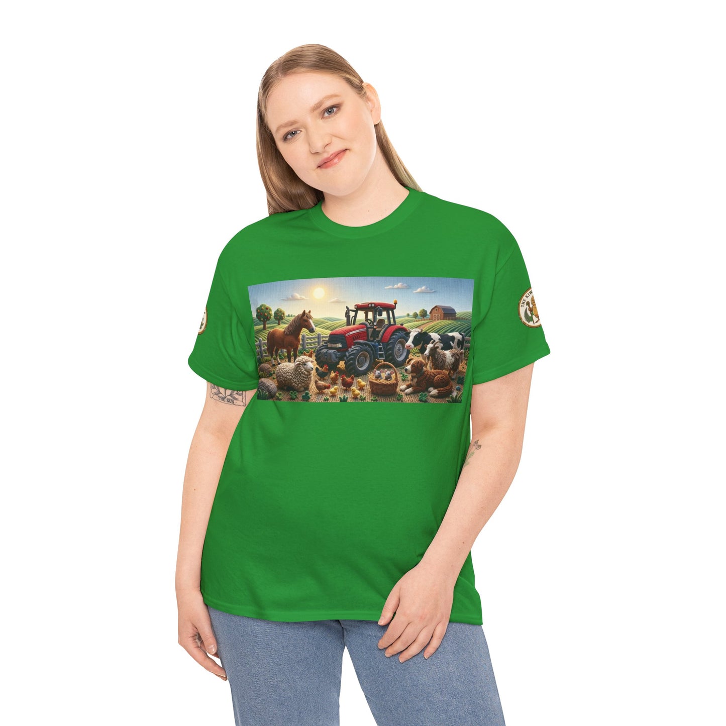 Green T-shirt worn by model with tractor and farm animals rectangular graphic
