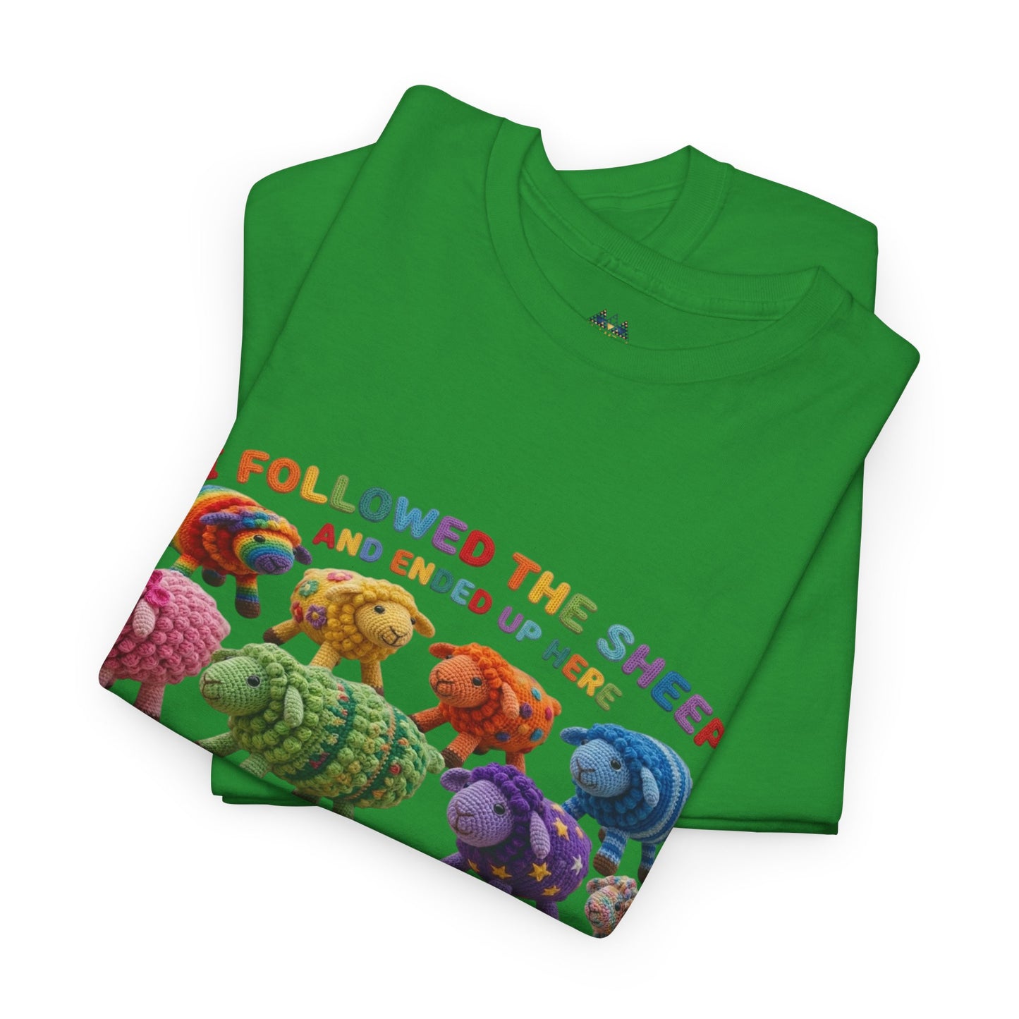 Green graphic T-shirt with illustrated sheep lineup and colorful text across chest