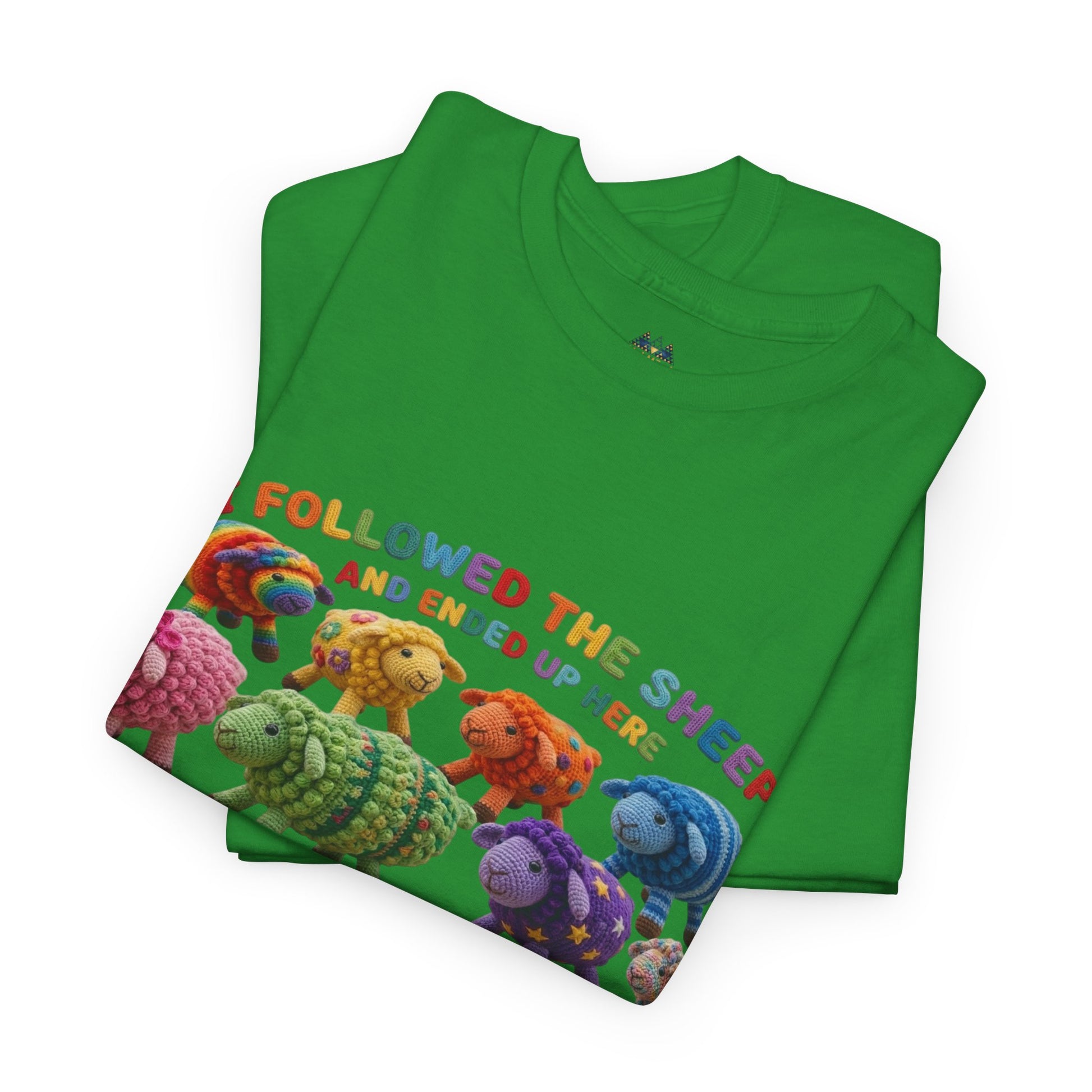 Green graphic T-shirt with illustrated sheep lineup and colorful text across chest