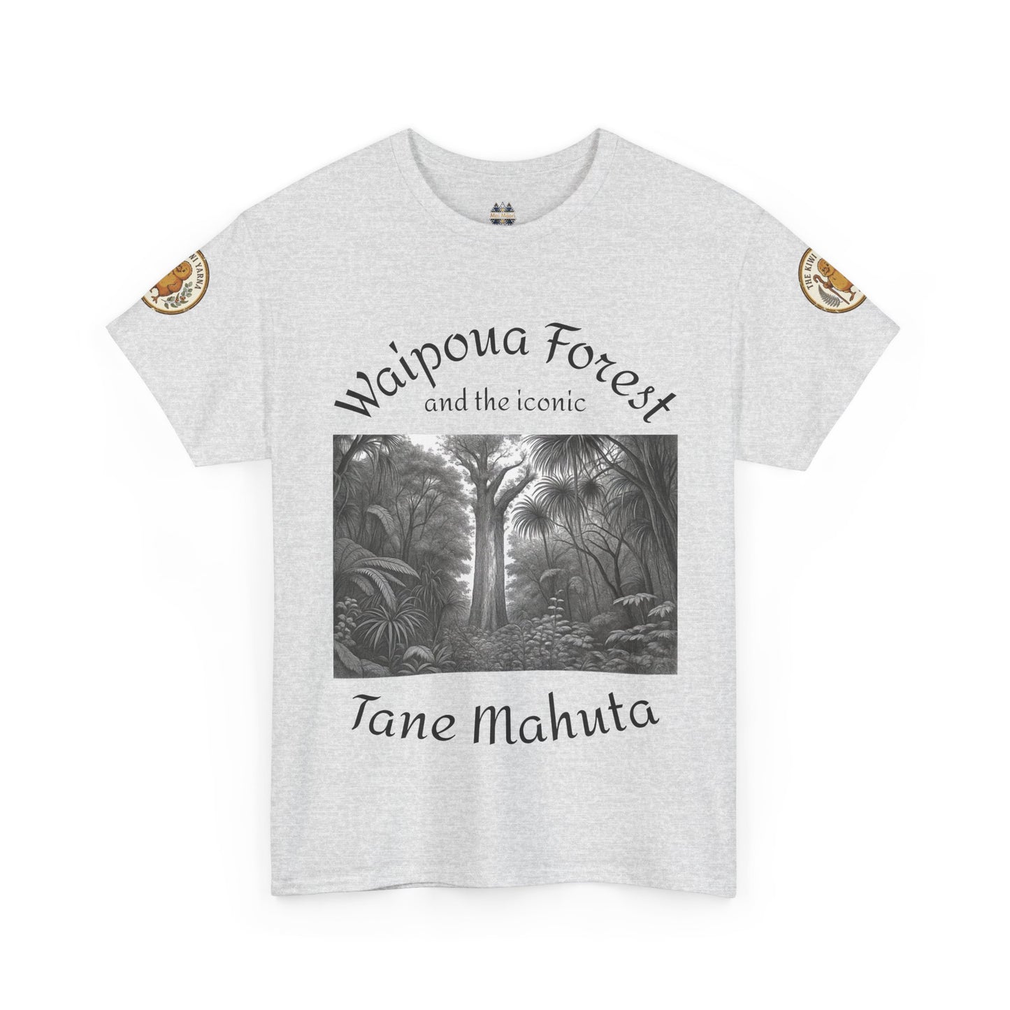 Light gray graphic T-shirt with monochrome forest scene and 'Tane Mahuta' text
