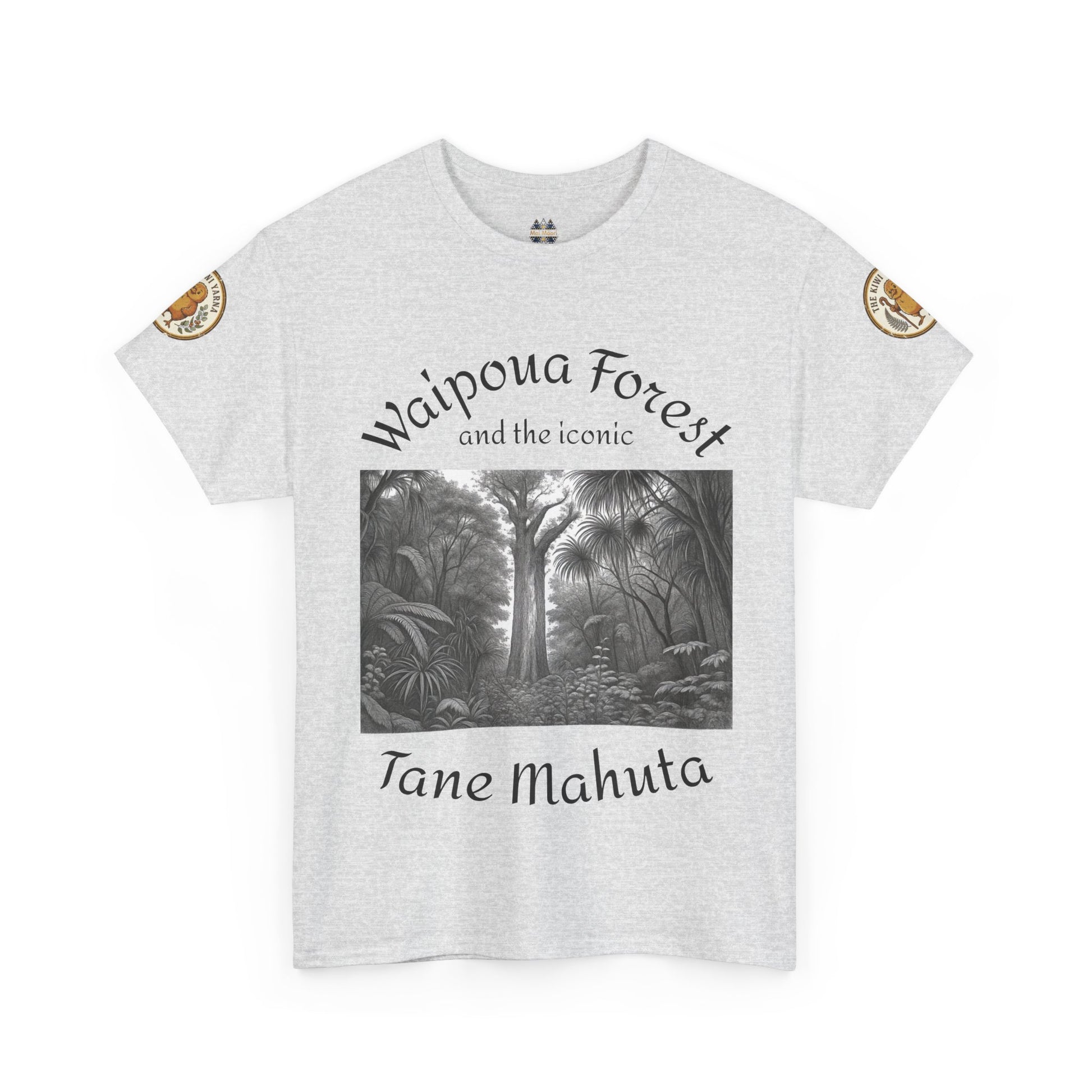 Light gray graphic T-shirt with monochrome forest scene and 'Tane Mahuta' text