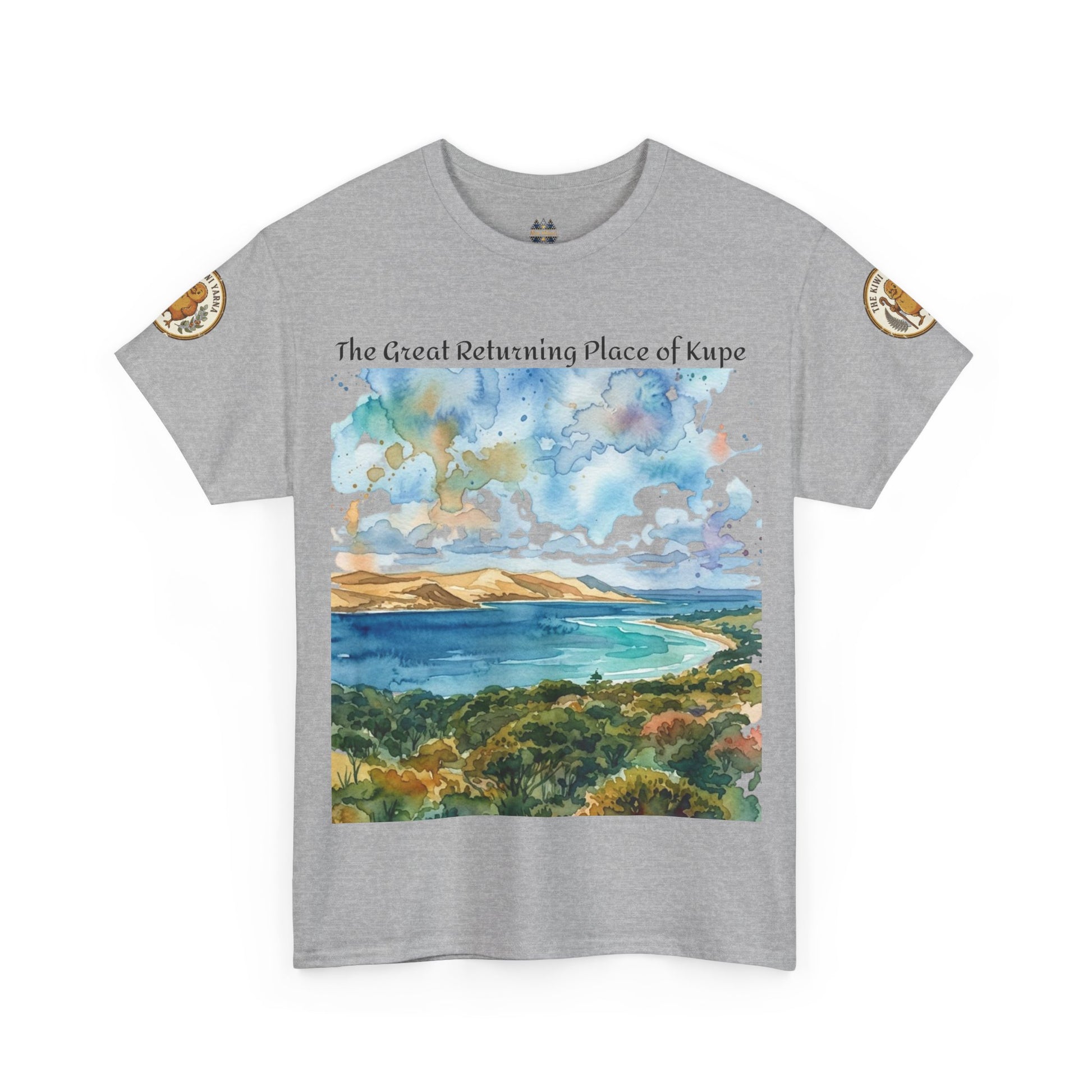 Sport grey graphic crewneck T-shirt with watercolor landscape print and circular sleeve logo