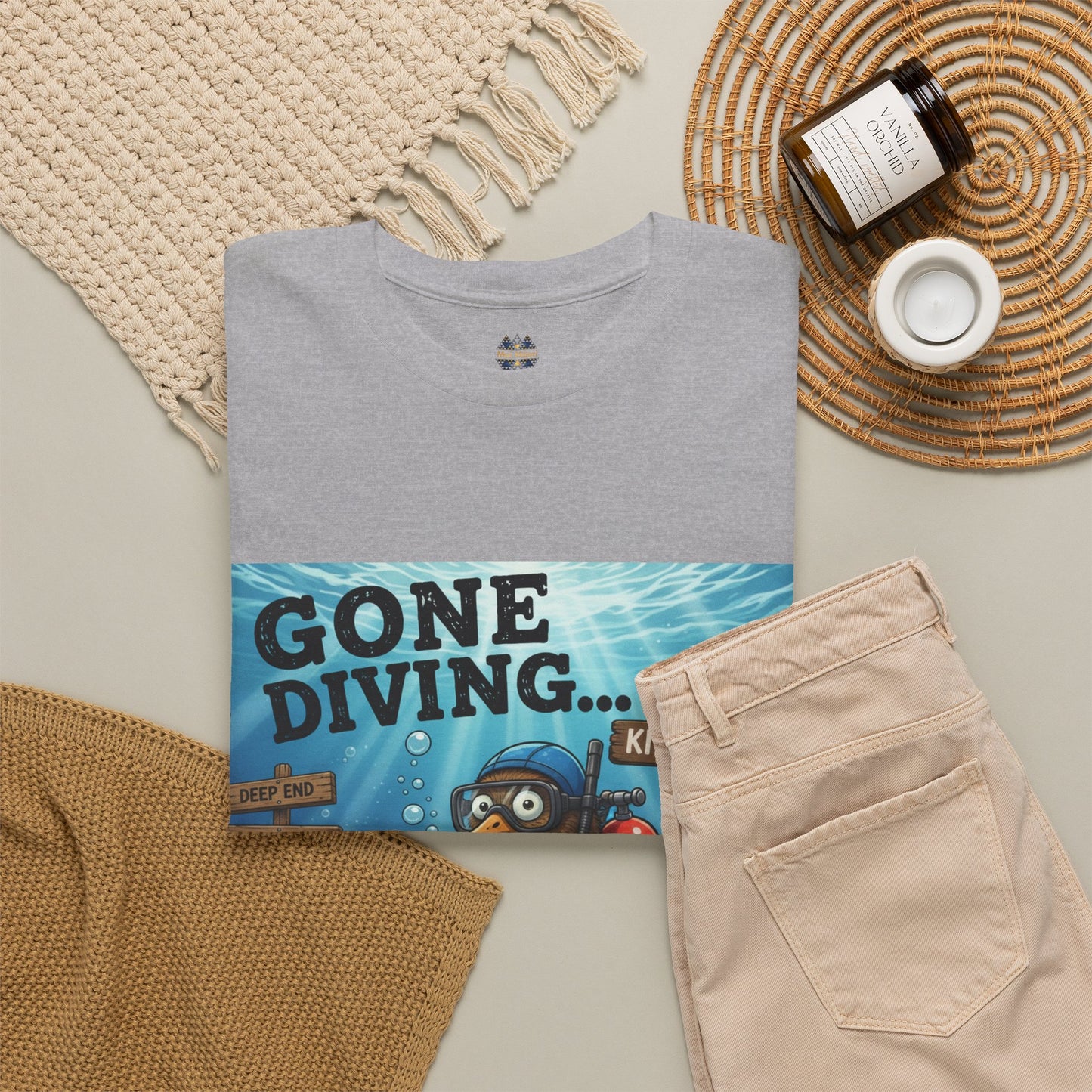 Gray crewneck T-shirt with underwater diver square front print, folded