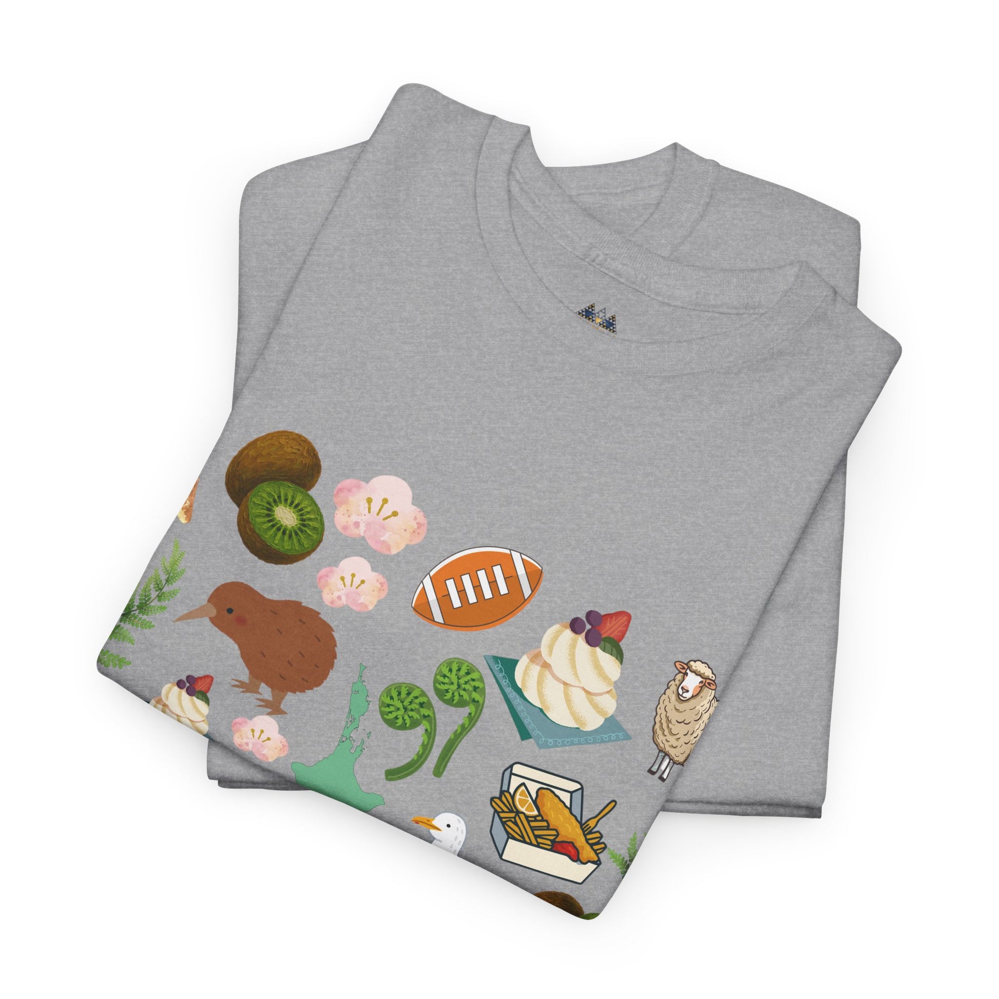 Heather grey T-shirt with Kiwiana wildlife, native fruits, and food print on hem.