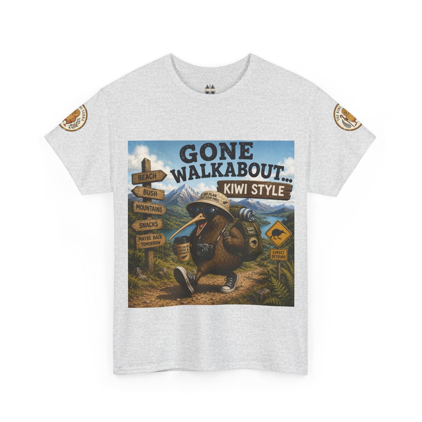 Light gray crew-neck graphic T-shirt with rectangular “Gone Walkabout” kiwi-style front print