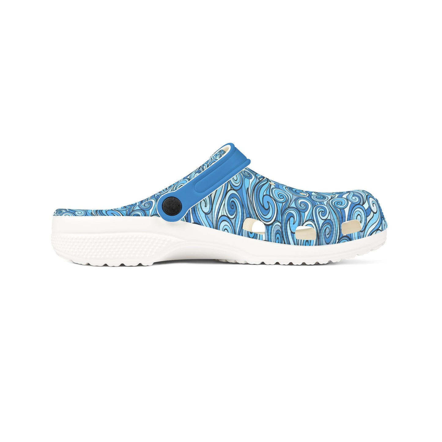 Blue patterned slip-on clog with single top strap and white rubber sole