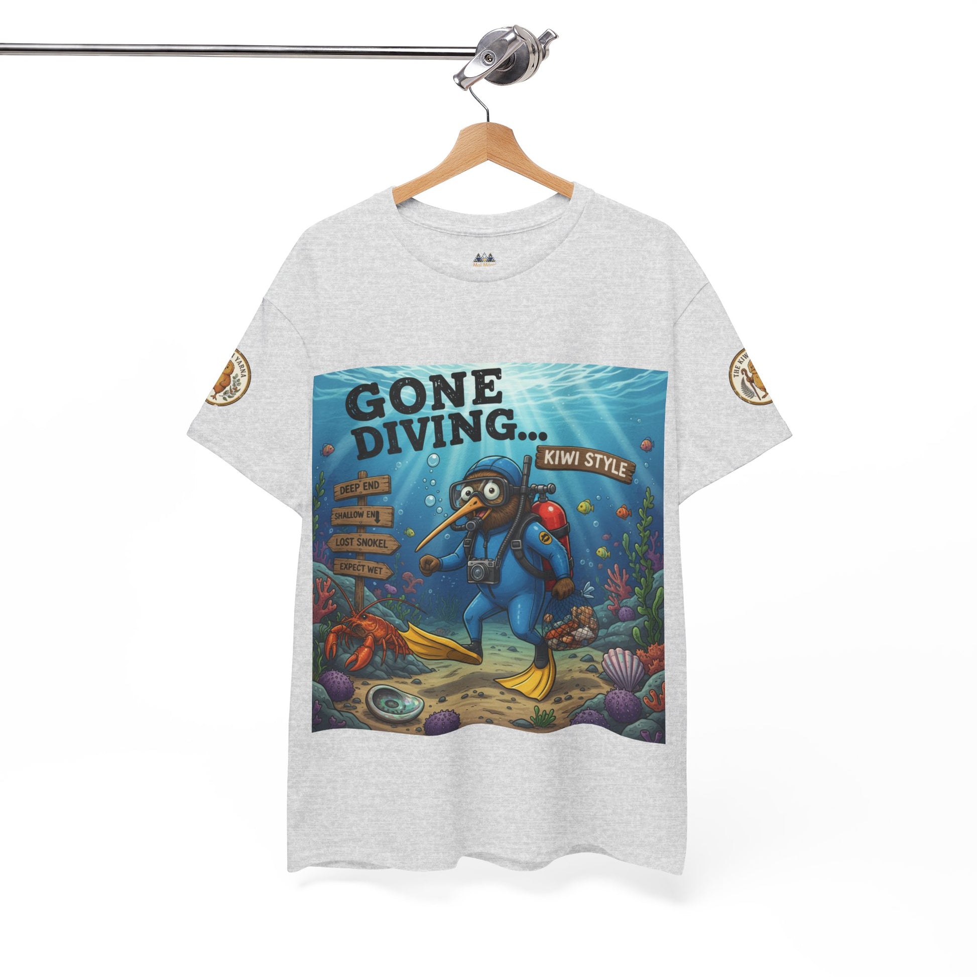 Light gray crew-neck T-shirt with 'Gone Diving... Kiwi Style' underwater graphic print