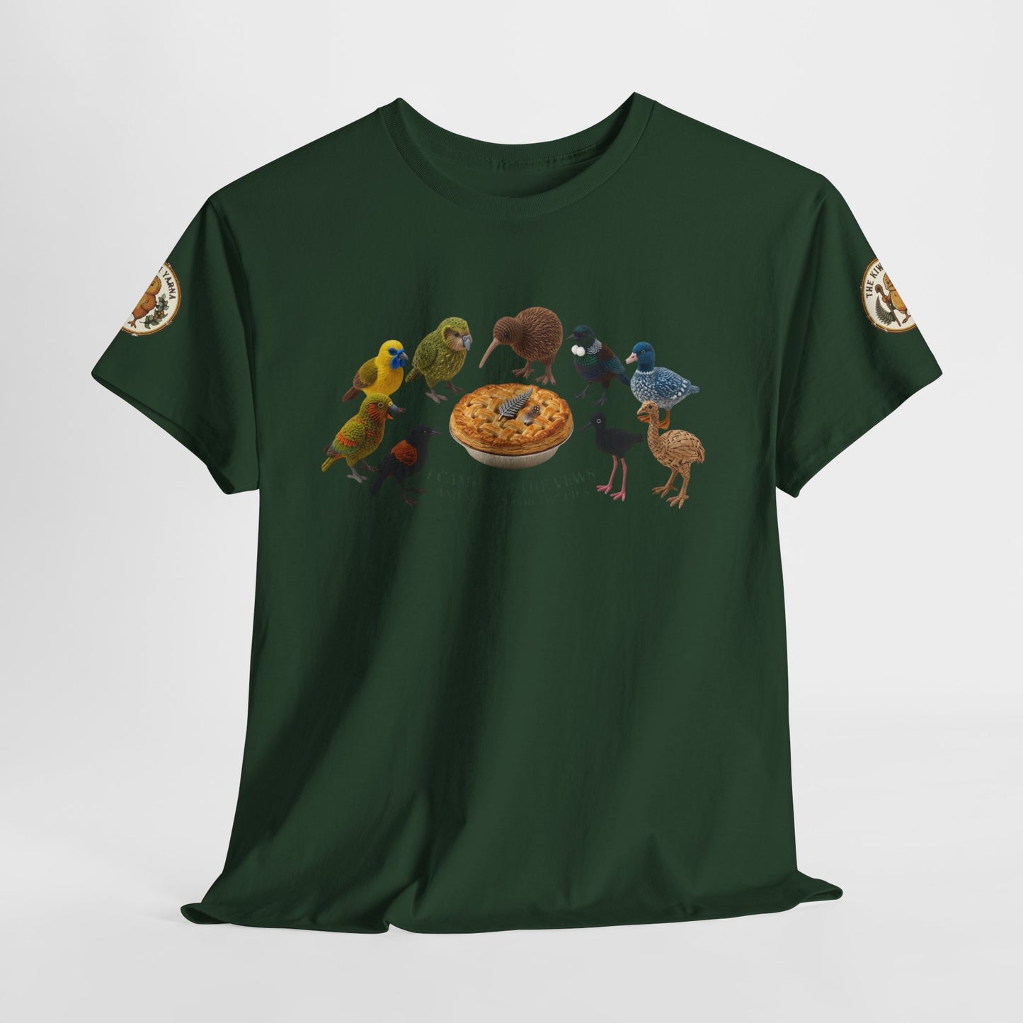 Dark green crewneck T-shirt with pizza center and colorful birds graphic