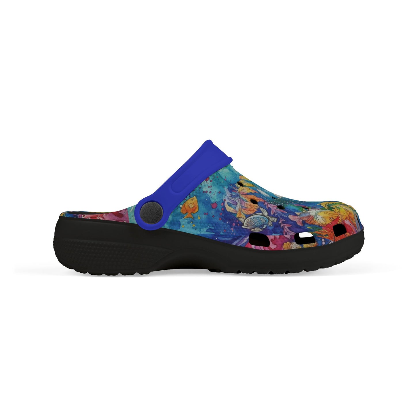 Kids casual clog shoes in blue with colorful ocean print upper and black sole, blue strap