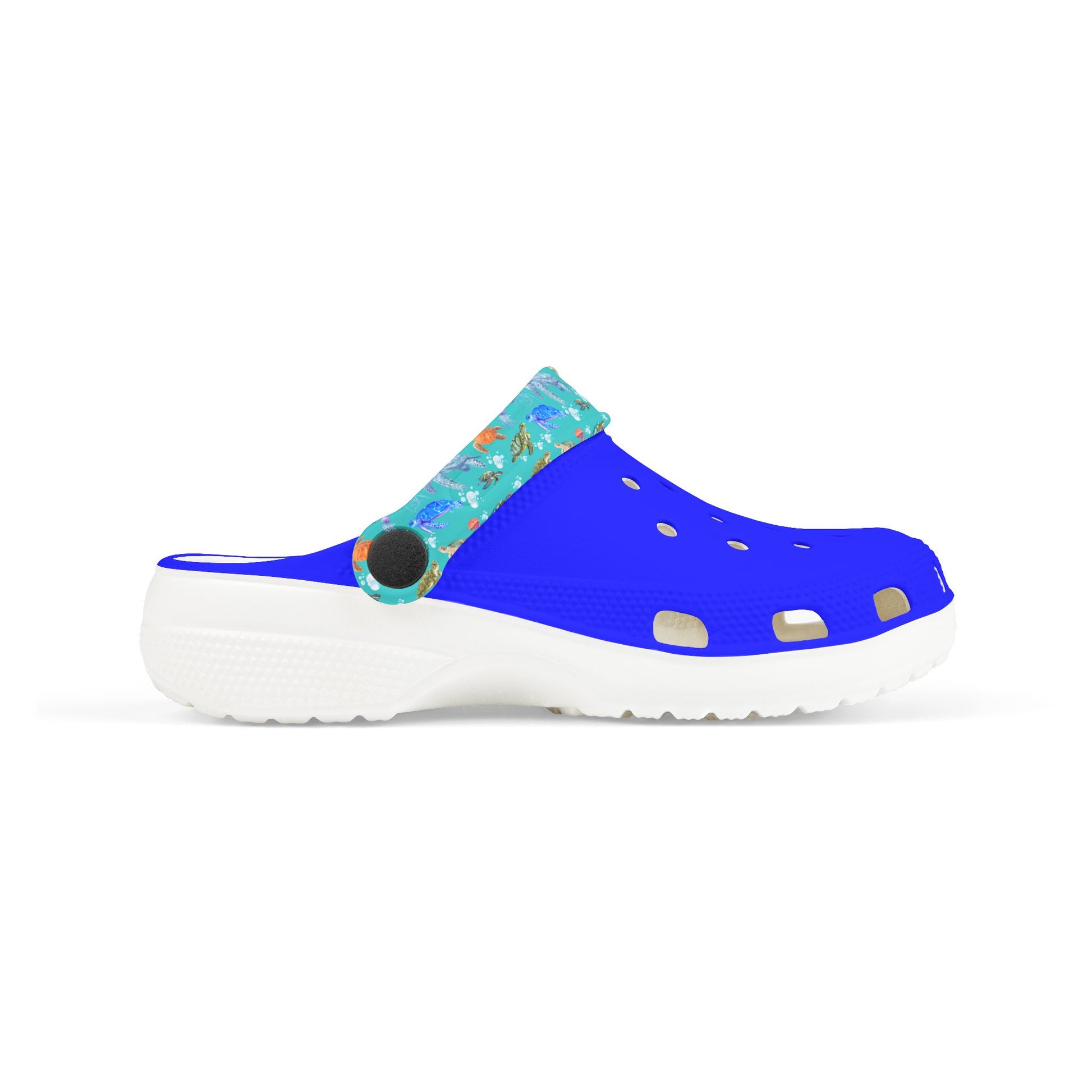 Kids slip-on clogs side profile: blue upper with teal marine print inset, white outsole