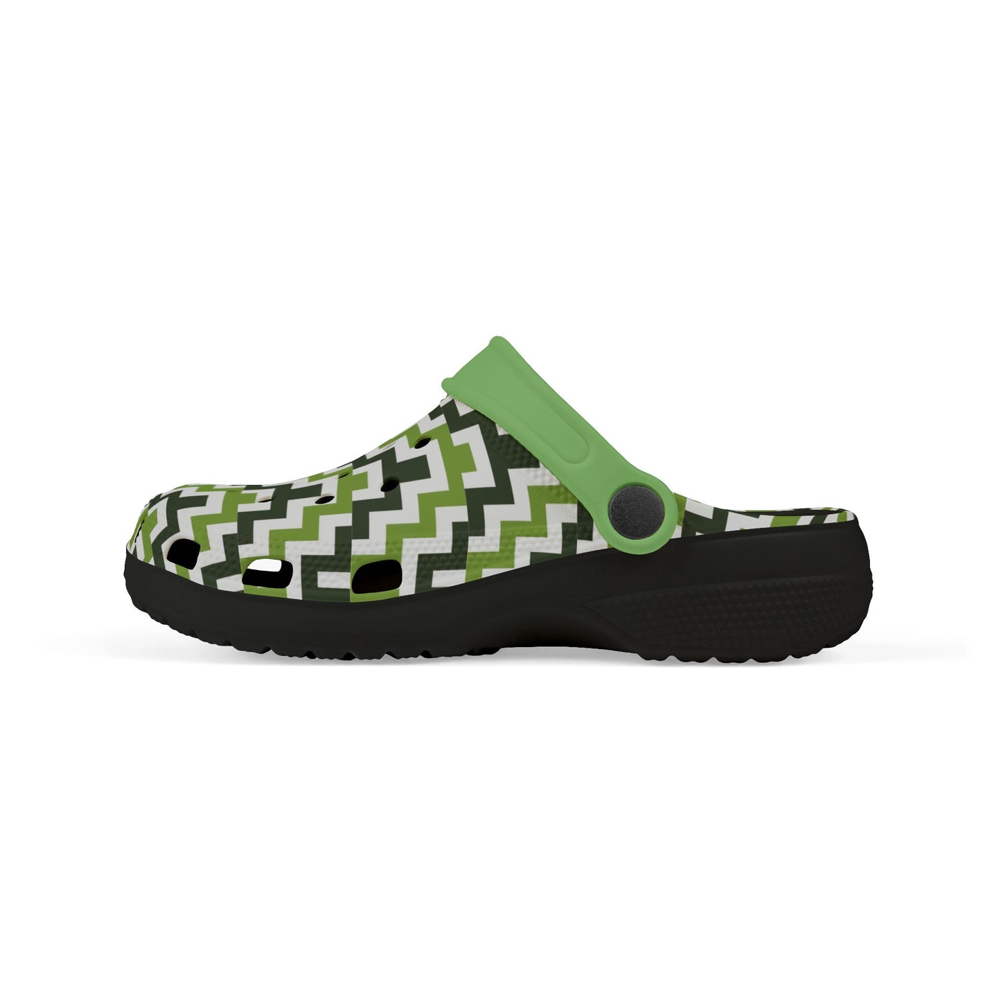 Zigzag clog sandals with green strap, black sole and low-profile outsole
