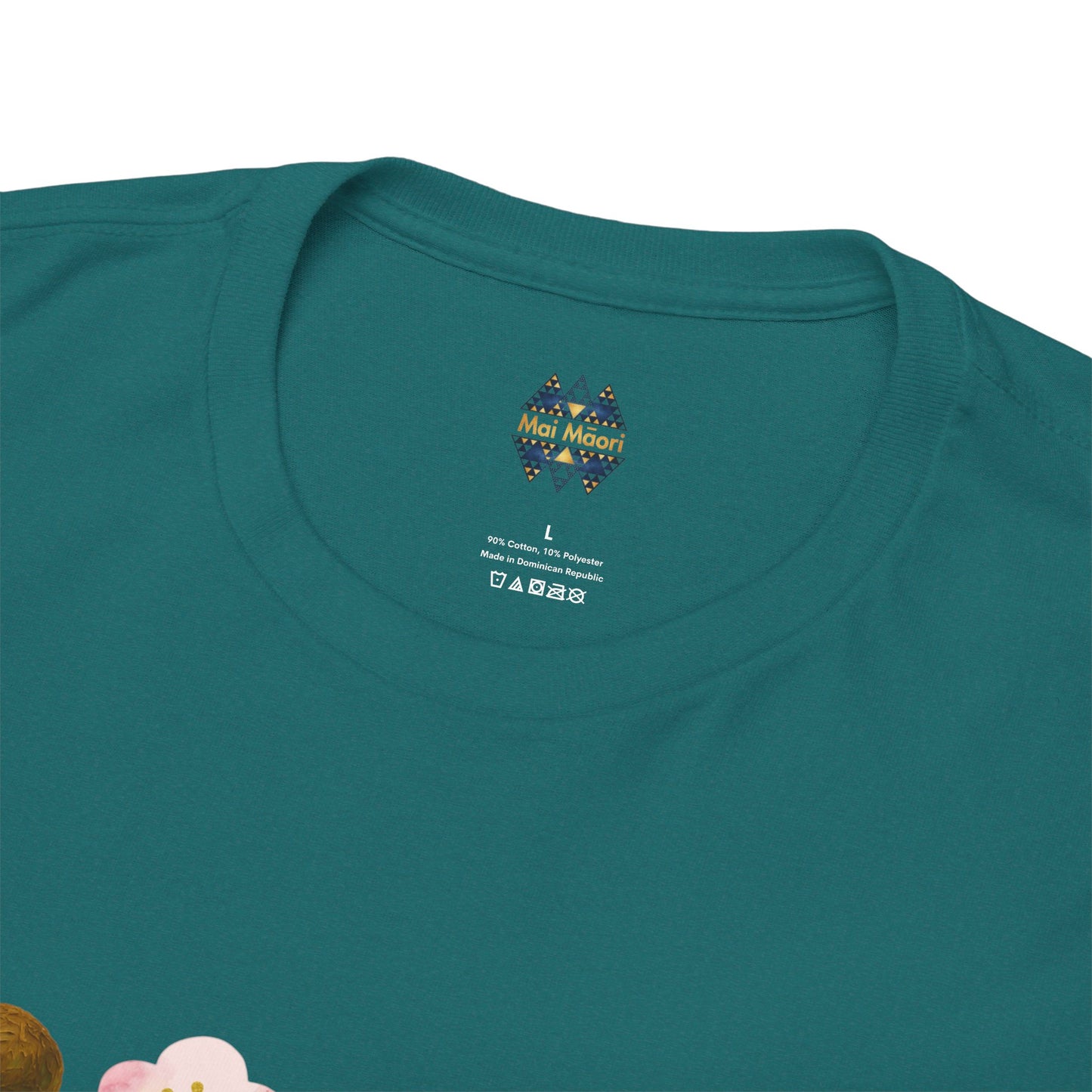 Teal crewneck T-shirt with small logo on neckline (close-up)