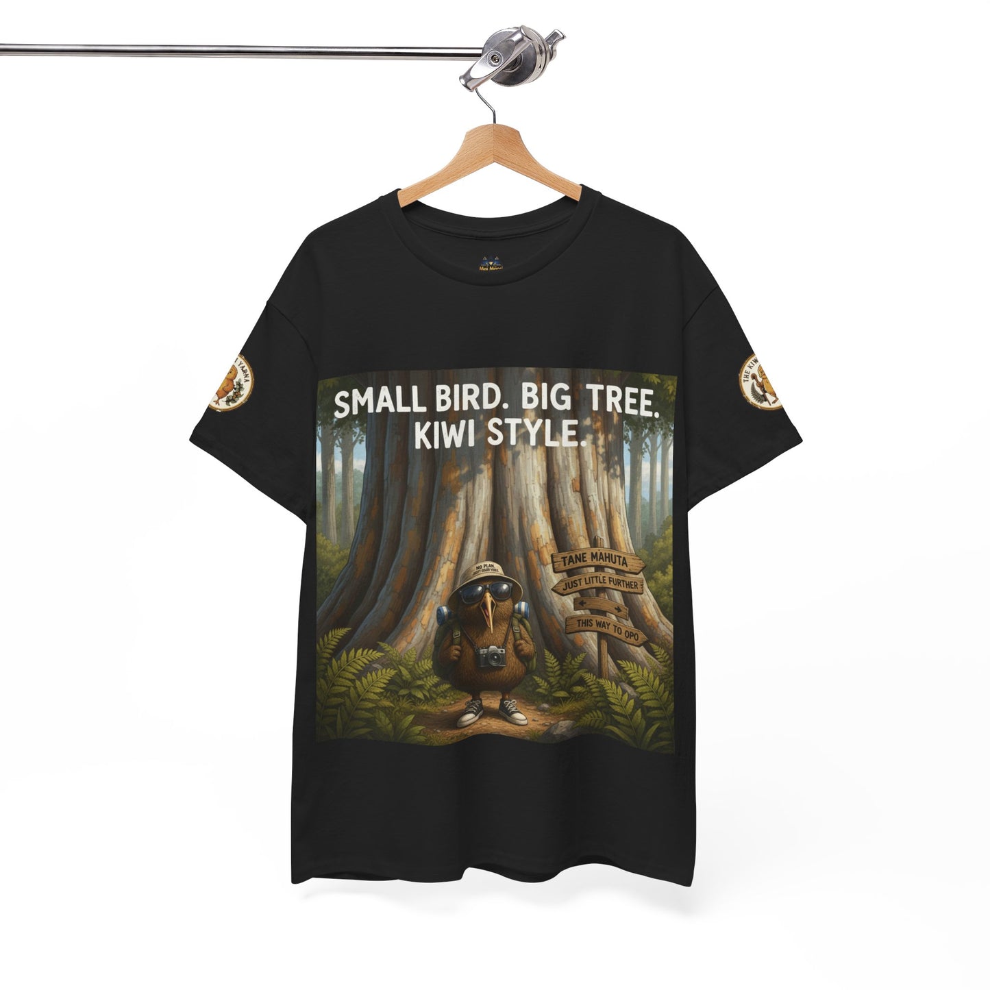 Black graphic crew-neck T-shirt with front forest scene print and circular sleeve logo patches
