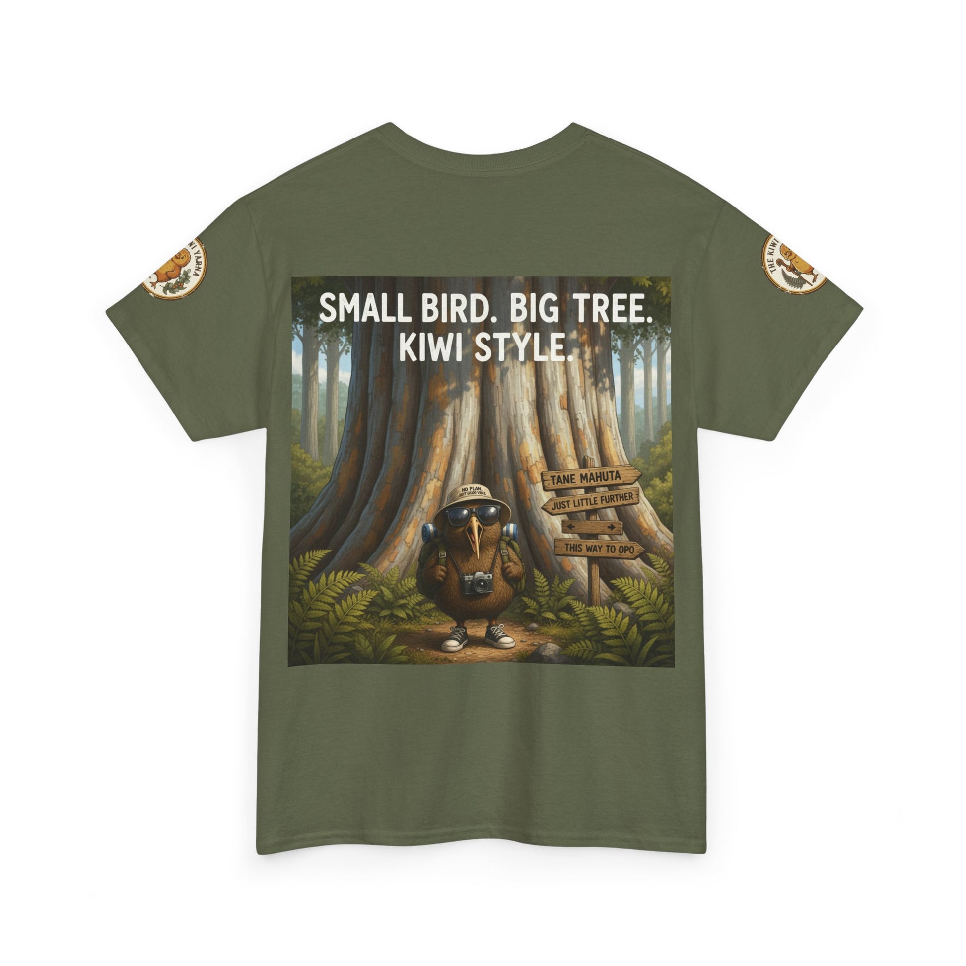 Forest green short-sleeve graphic T-shirt with kiwi bird in jungle print