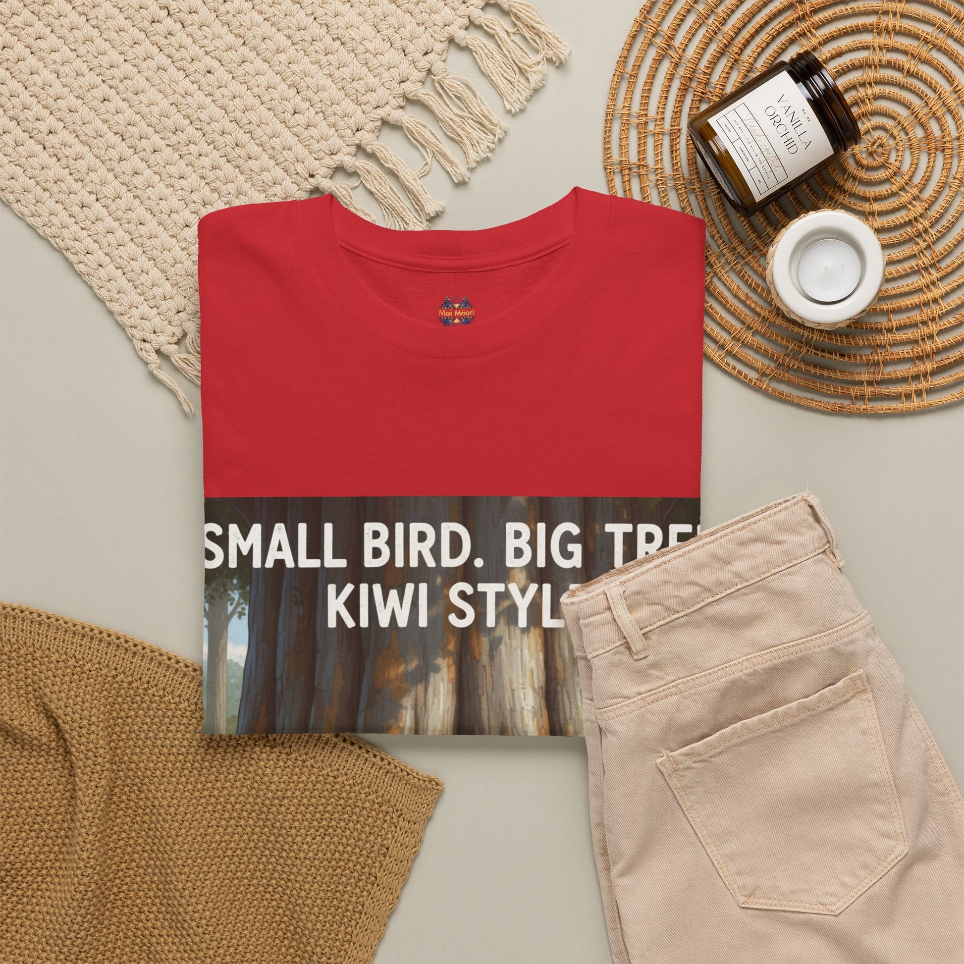 Red t-shirt with crew neck and large front kiwi-style tree graphic
