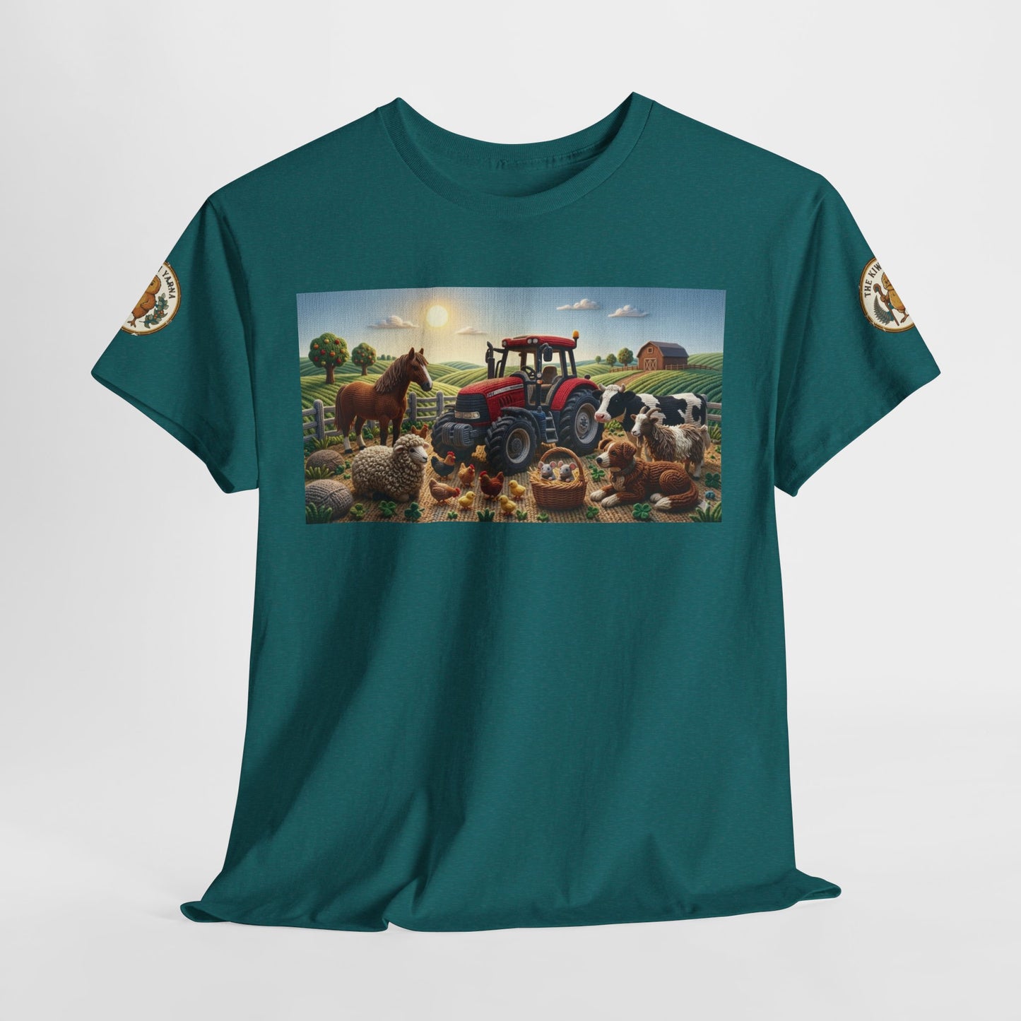 Teal crewneck T-shirt with large front farm tractor and animals graphic.