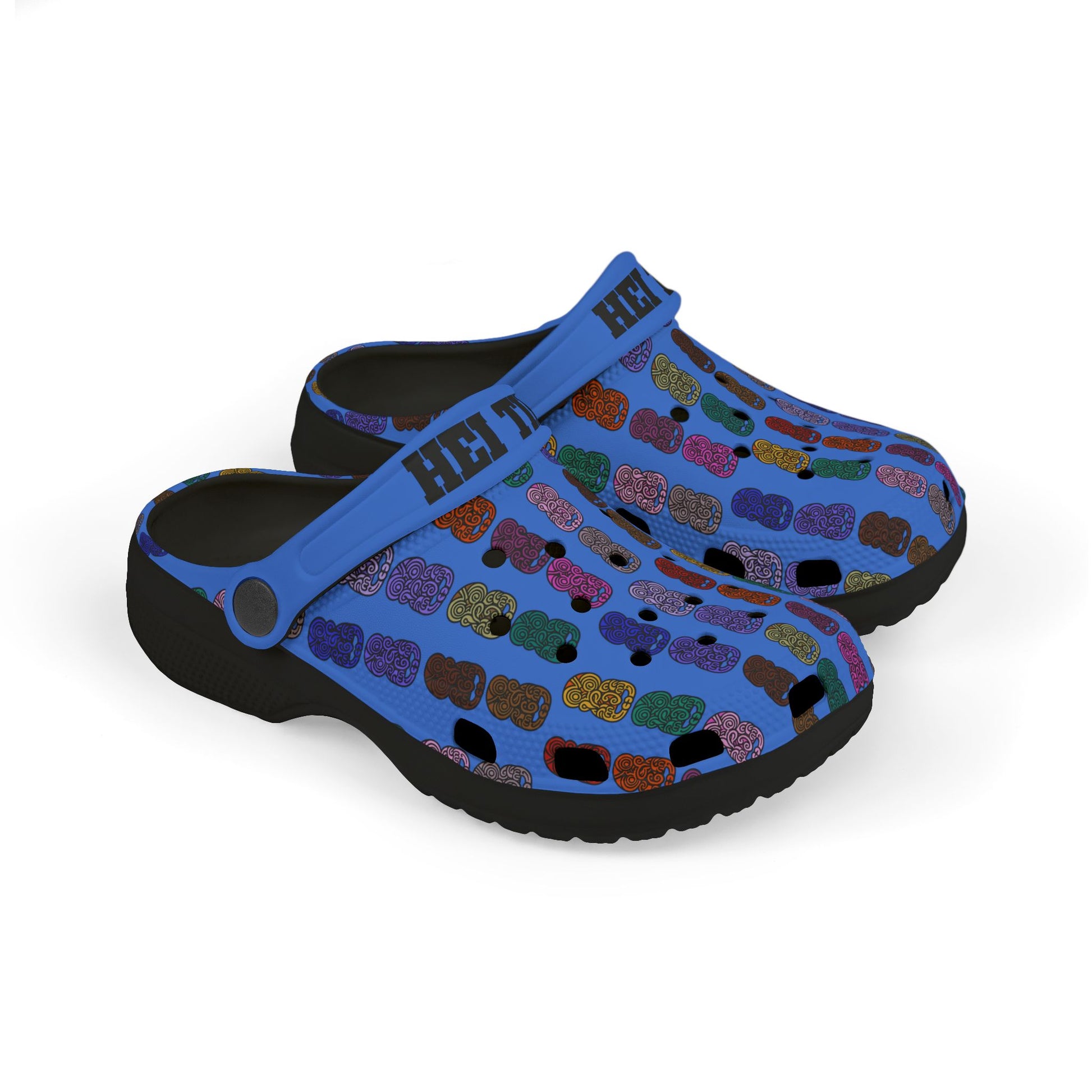 Kids casual clog shoes in blue with colorful patterned upper and black rubber sole