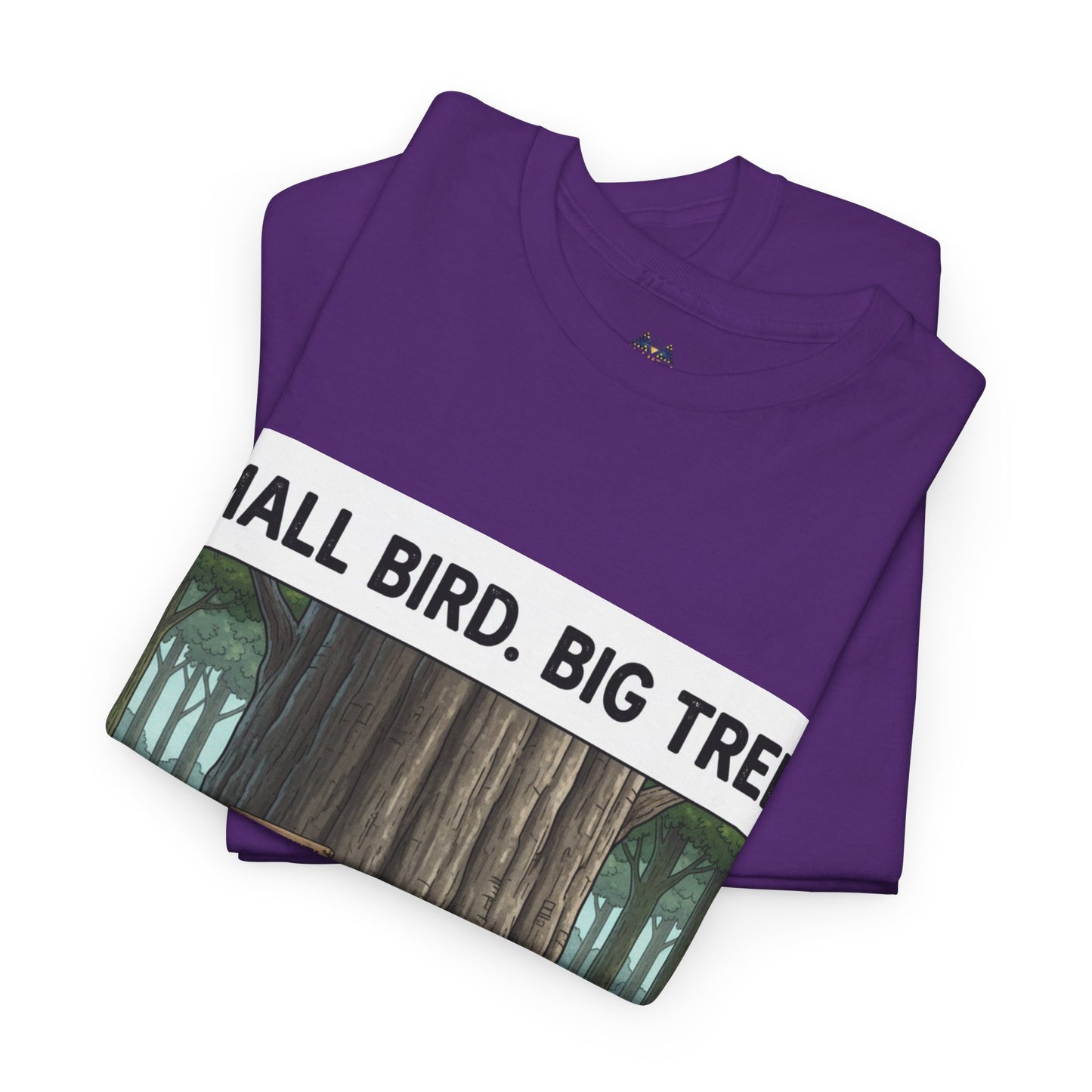 Purple t-shirt with 'Small Bird. Big Tree' text band and tree graphic