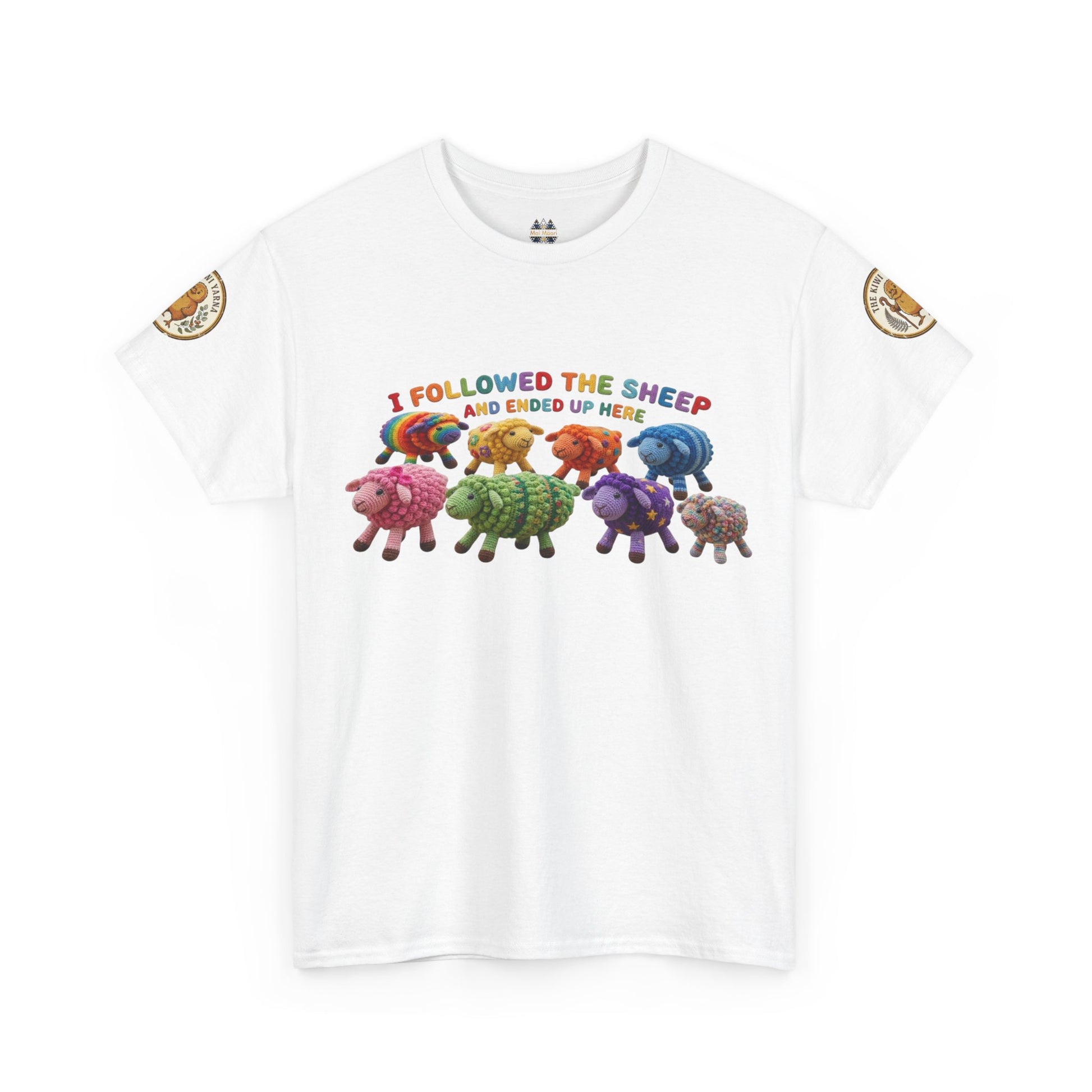 White crew-neck graphic T-shirt with colorful sheep crowd print and small circular sleeve badges