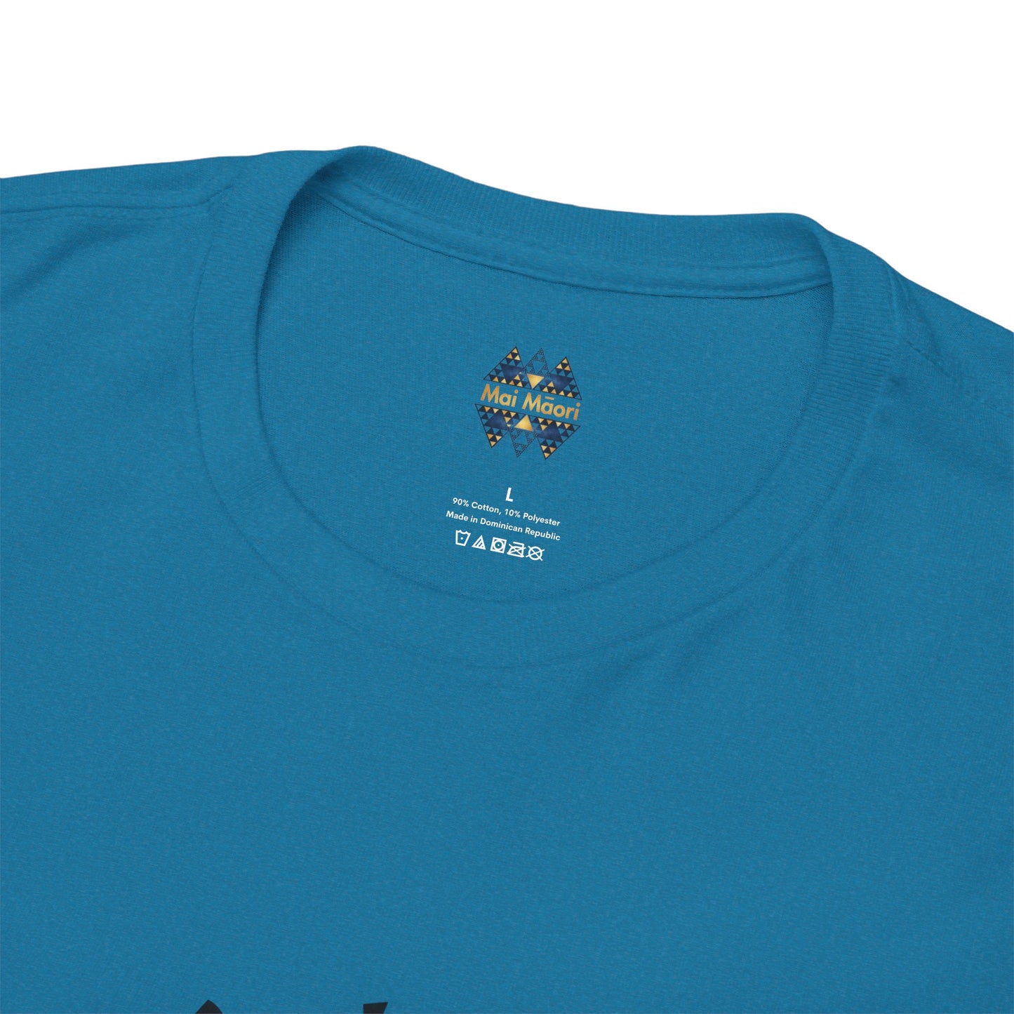 Teal T-shirt close-up of crew neck and small chest logo
