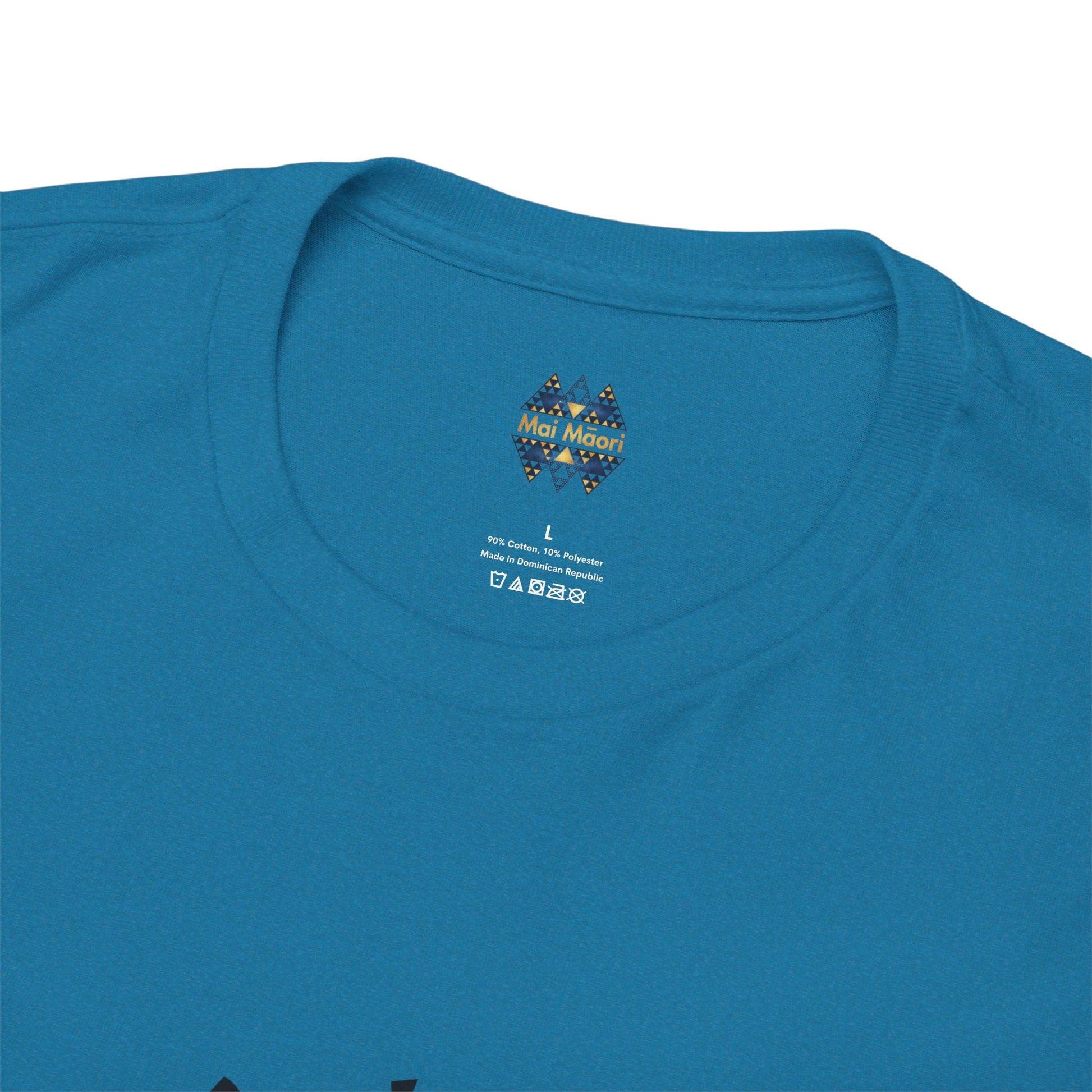 Teal T-shirt close-up of crew neck and small chest logo