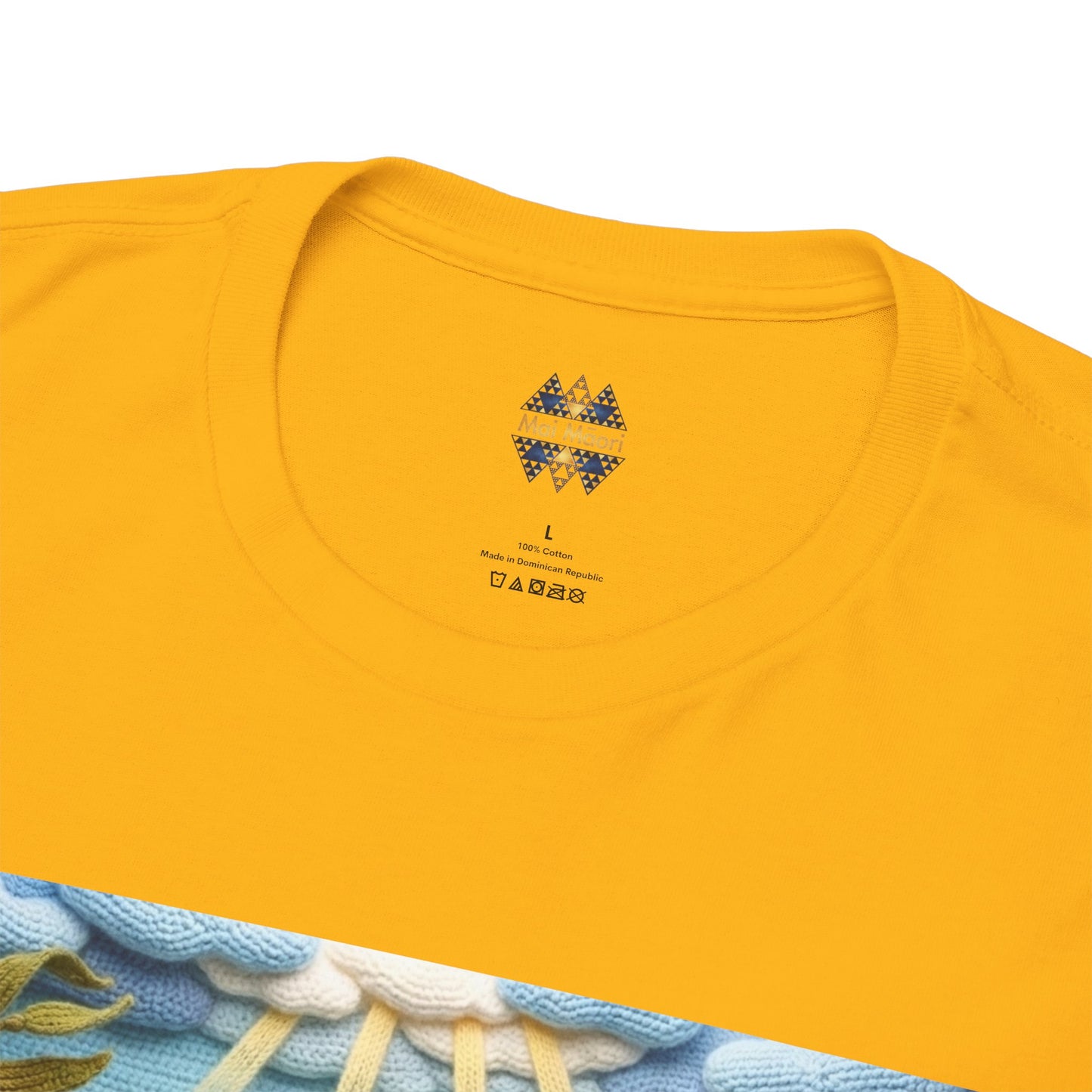 Under the Sea graphic T-shirt neckline in bright yellow with small chest logo