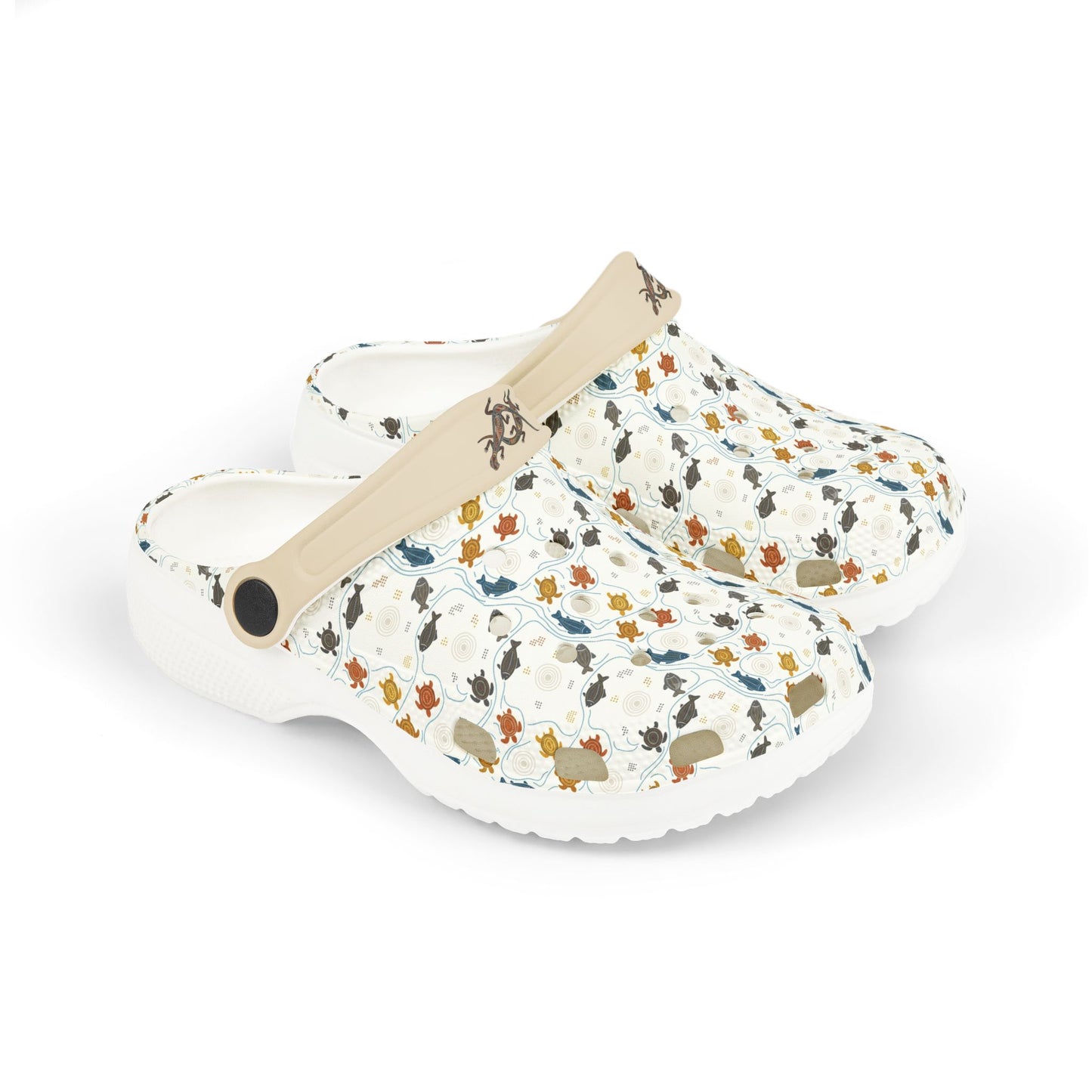 Cream slip-on clog shoes with colorful animal print, beige strap, white sole
