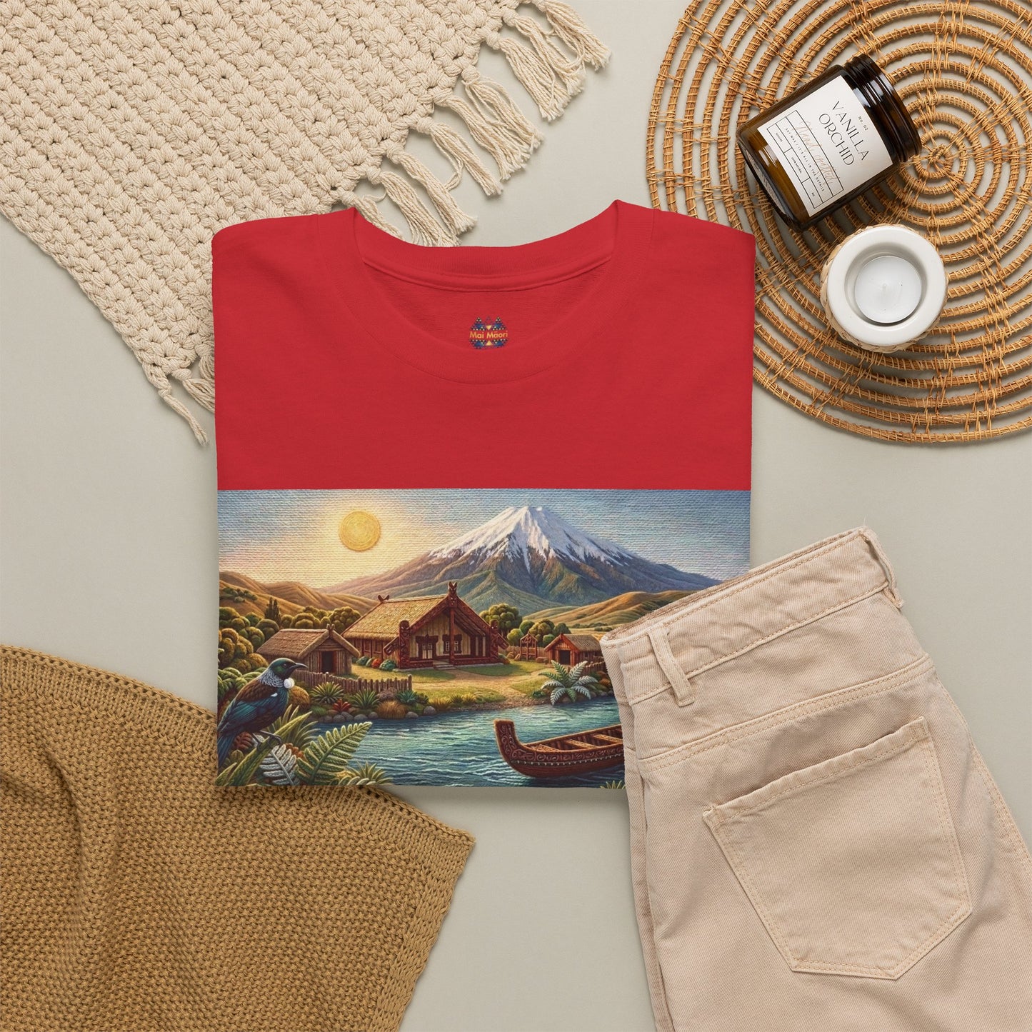 Red crew-neck T-shirt with front rectangular scenic print featuring canoe and mountain