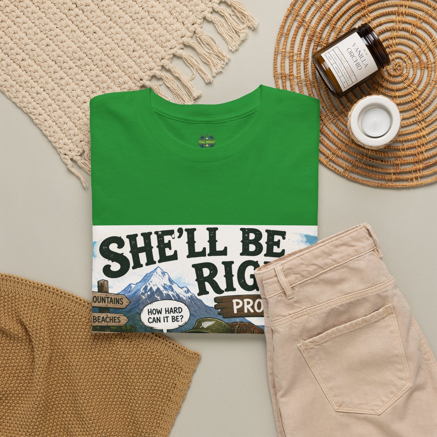 Bright green graphic T-shirt with large car-and-lettering print at the center chest