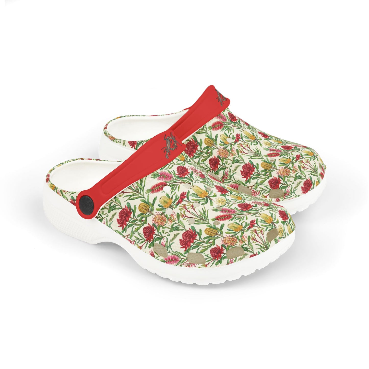 Floral slip-on clog with red strap and white sole, open-back design.