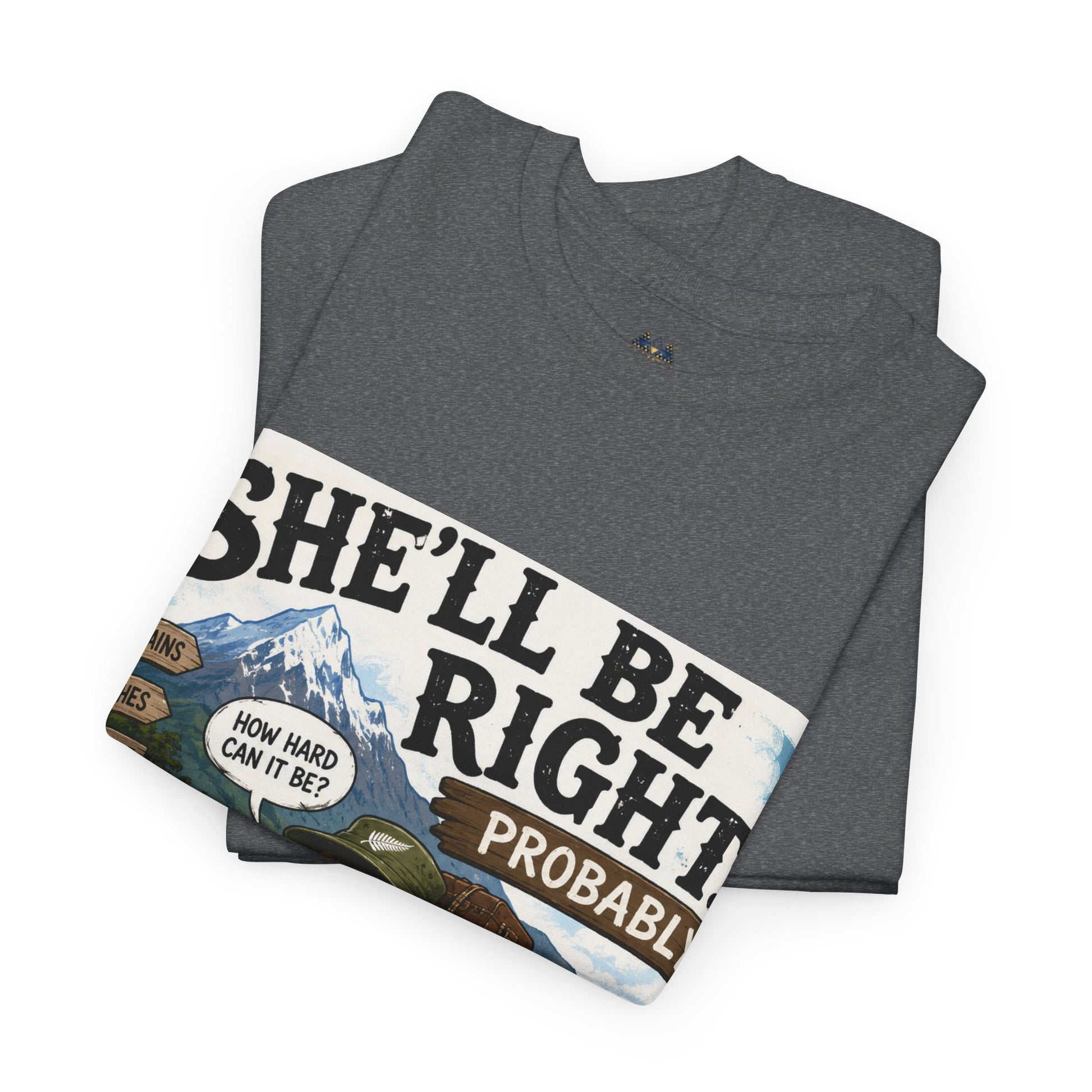 Dark gray heather graphic T-shirt with bold front lettering and vehicle artwork panel