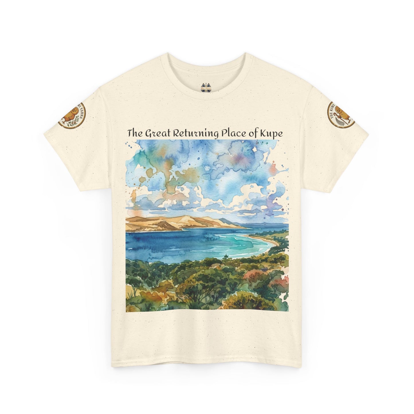 Off-white crewneck T-shirt with landscape print and gold sleeve patches, front view.