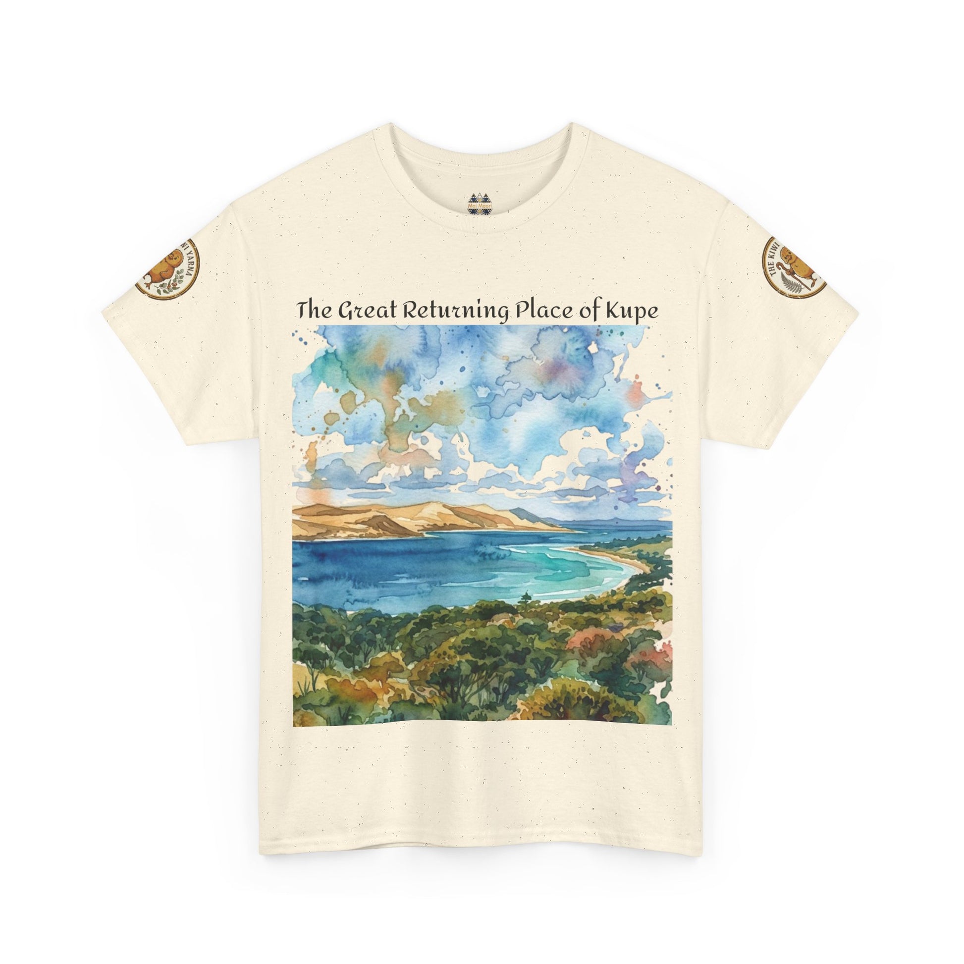 Off-white crewneck T-shirt with landscape print and gold sleeve patches, front view.