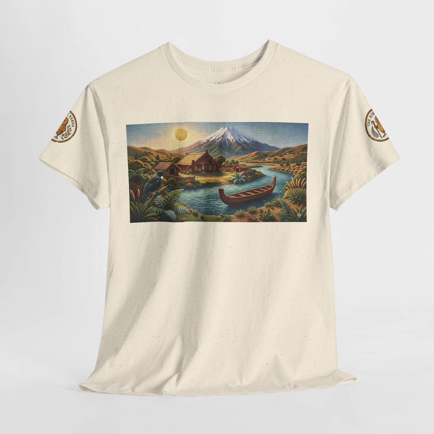 Cream crewneck T-shirt with rectangular landscape graphic and circular sleeve patches
