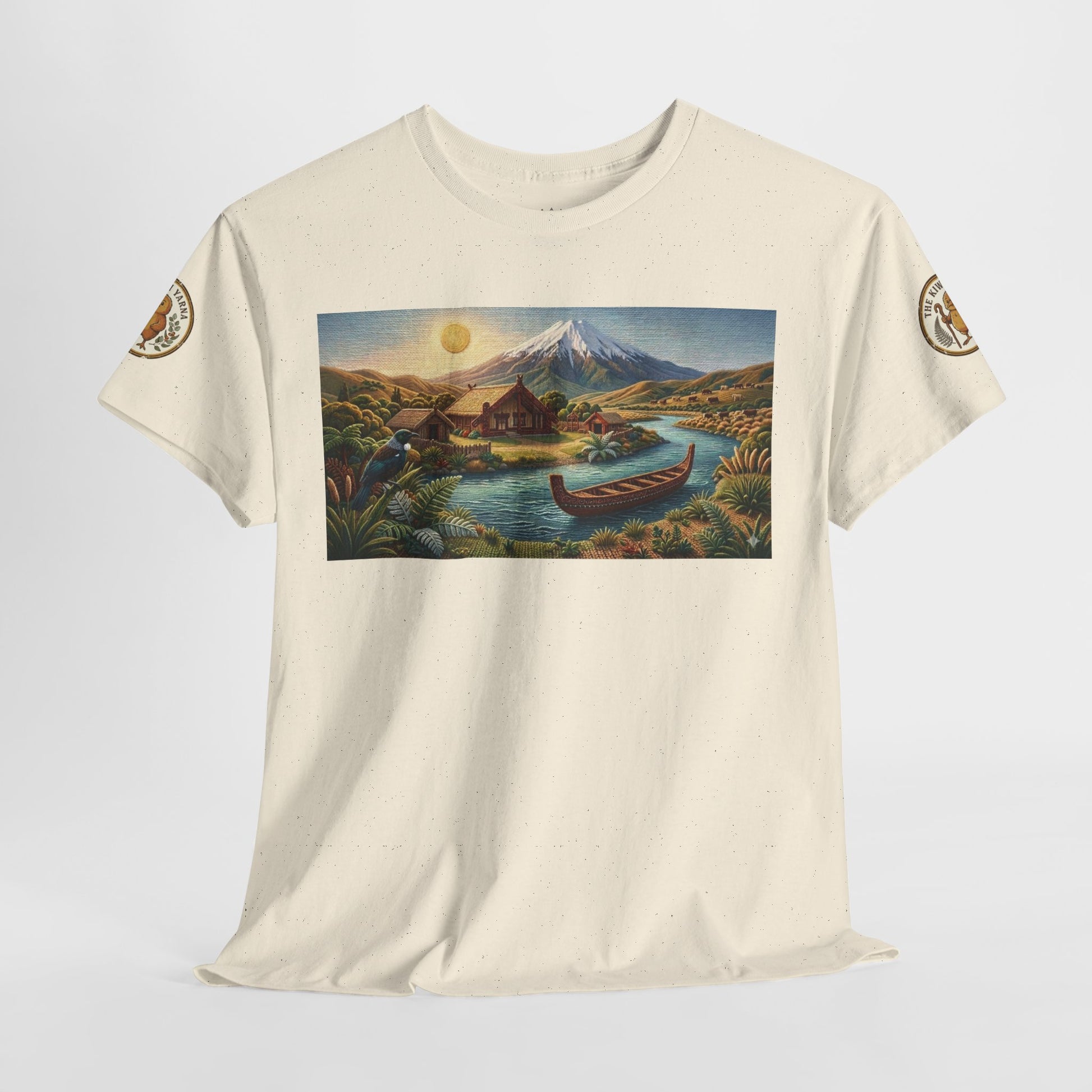 Cream crewneck T-shirt with rectangular landscape graphic and circular sleeve patches