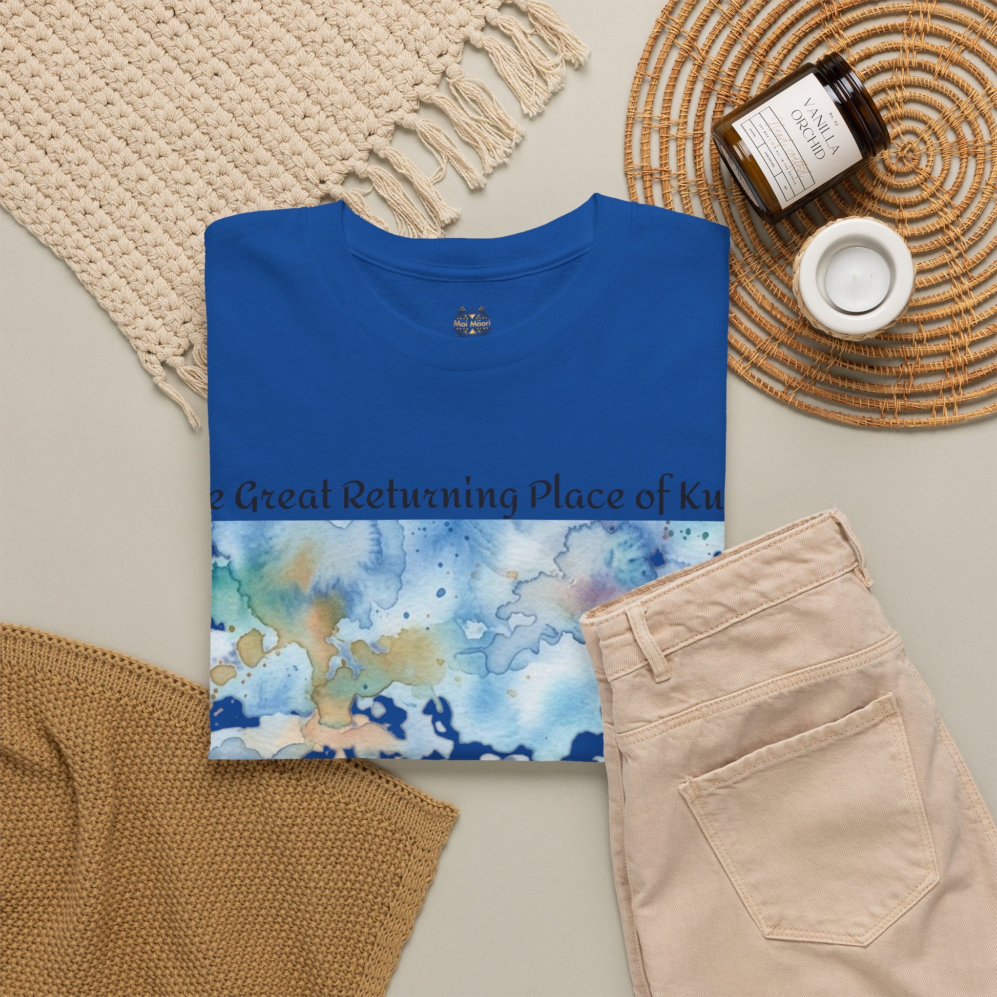 Blue crew-neck graphic T-shirt with watercolor-style landscape panel