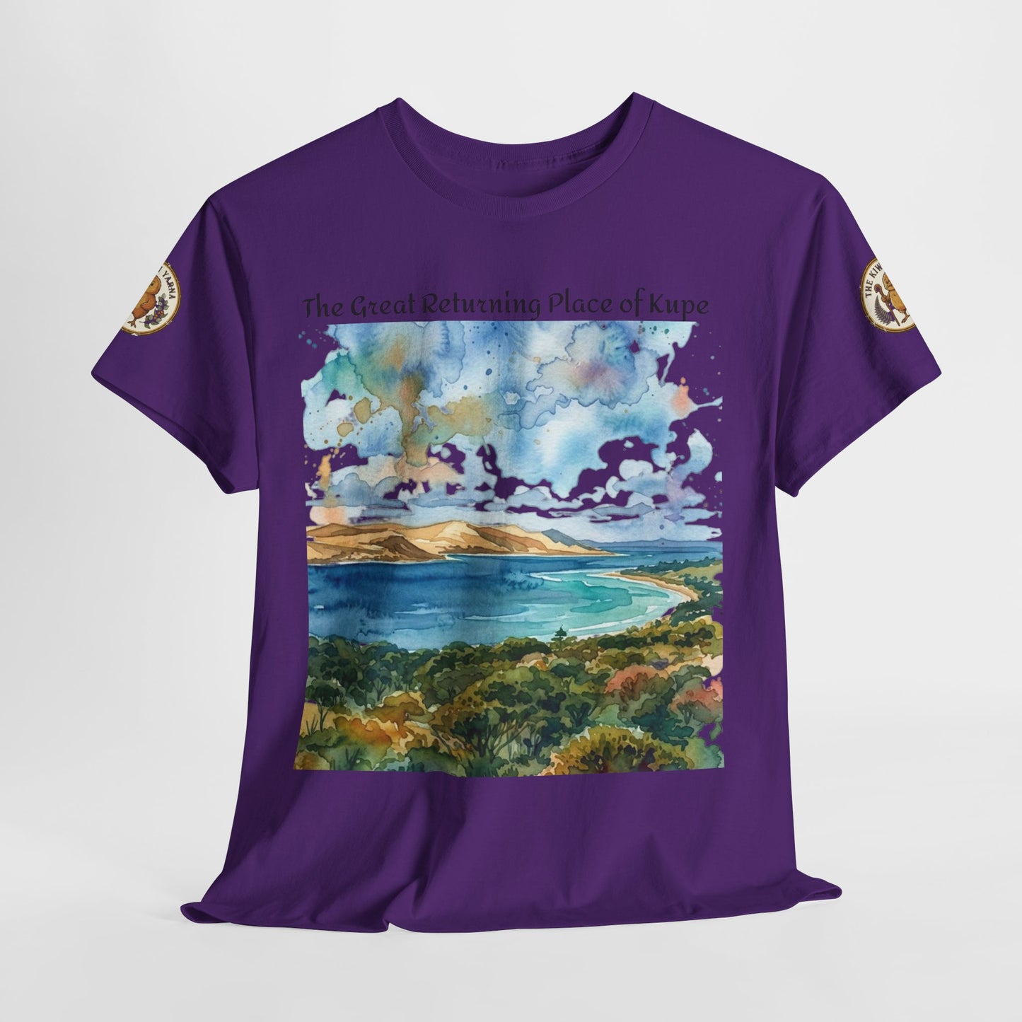 Purple crew-neck graphic T-shirt with centered landscape panel print and gold sleeve patches.