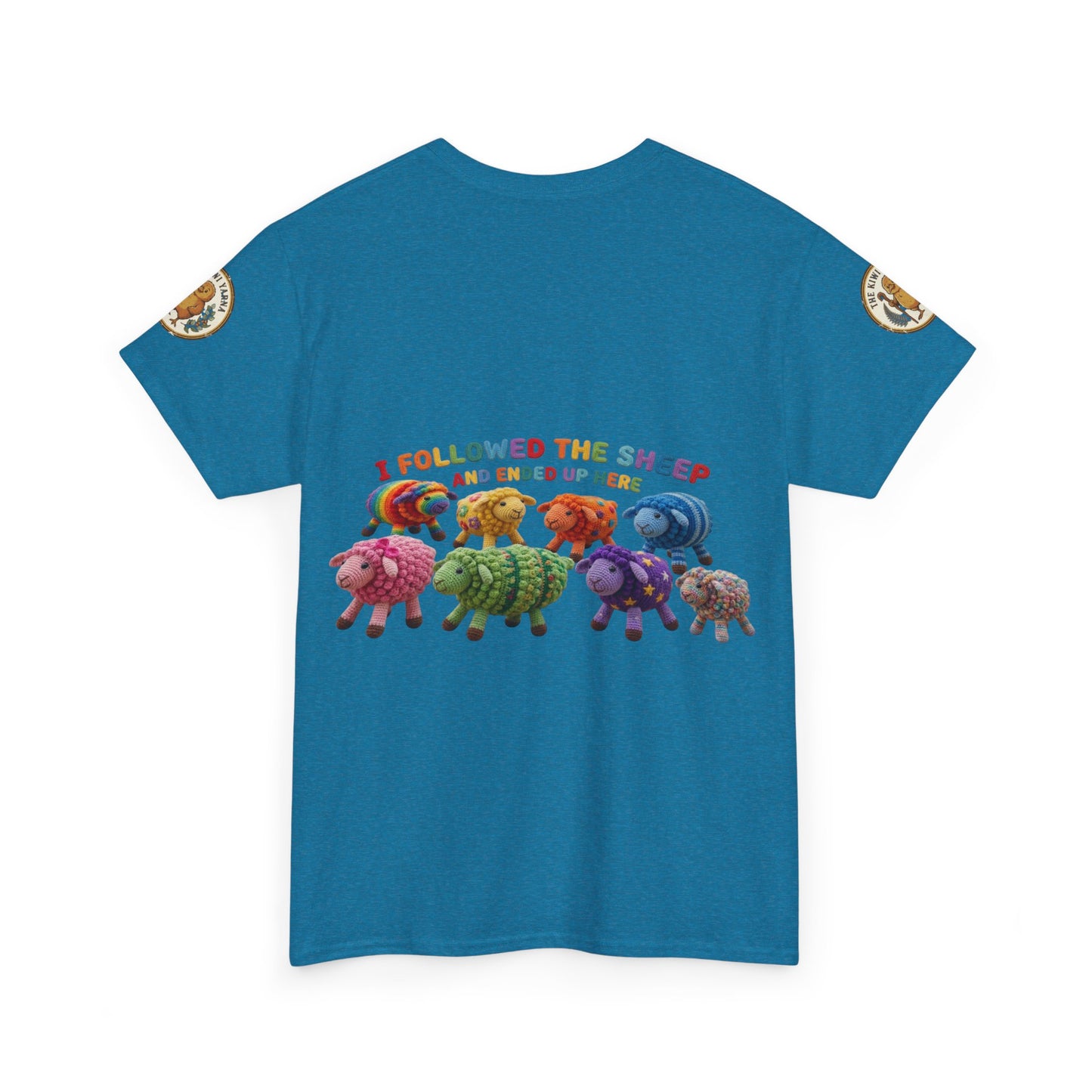 Blue-green crew-neck T-shirt with centered colorful sheep graphic
