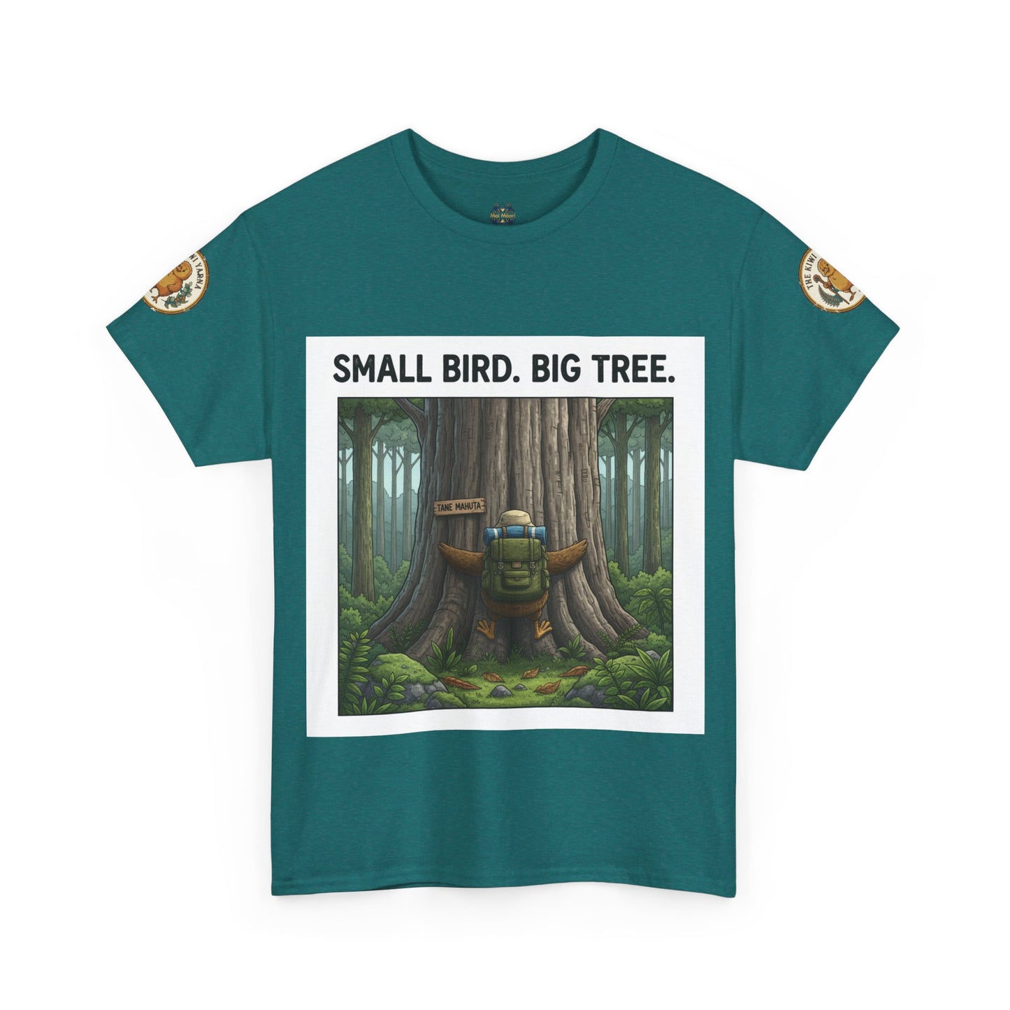Teal crewneck T-shirt with forest graphic and 'Small Bird. Big Tree.' print