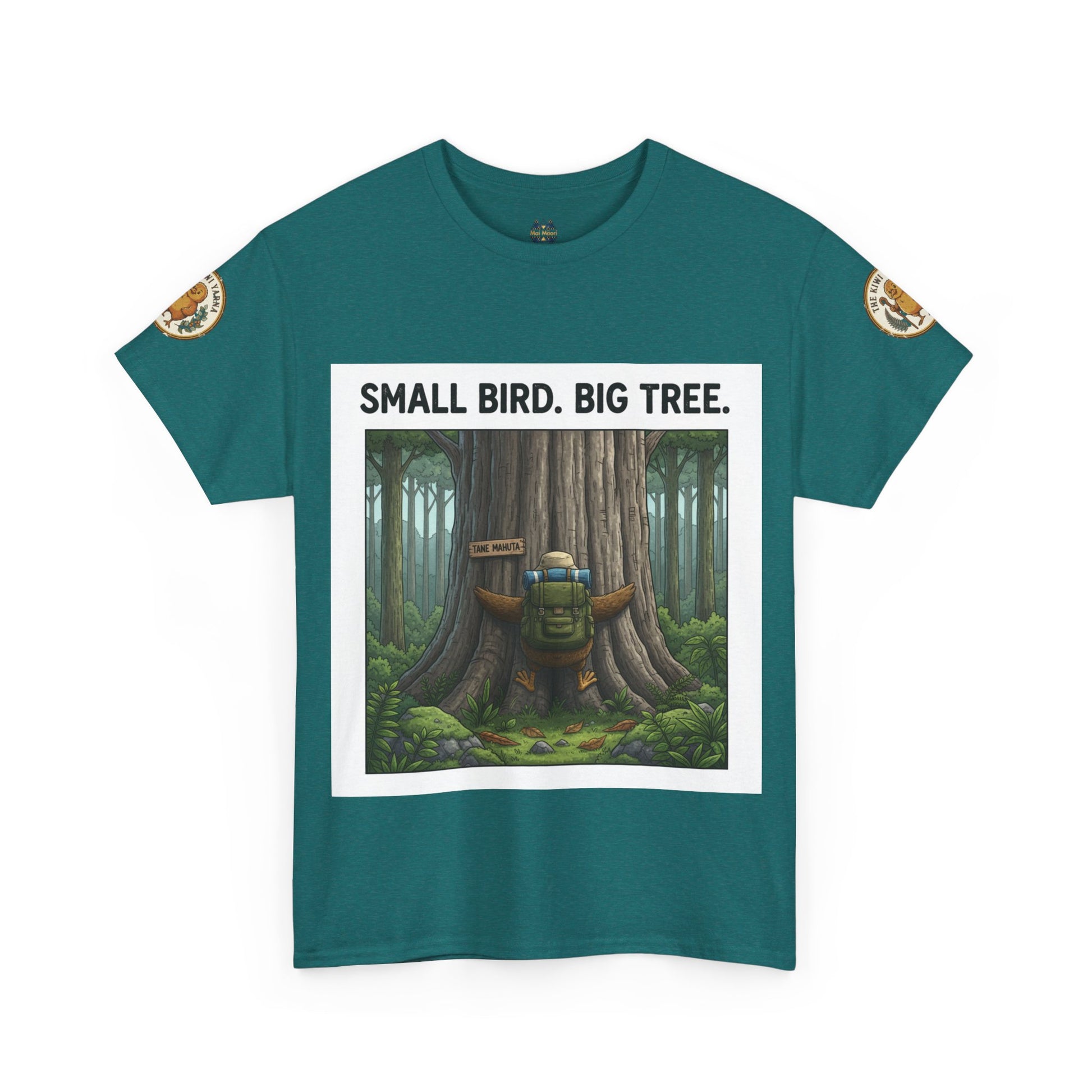 Teal crewneck T-shirt with forest graphic and 'Small Bird. Big Tree.' print
