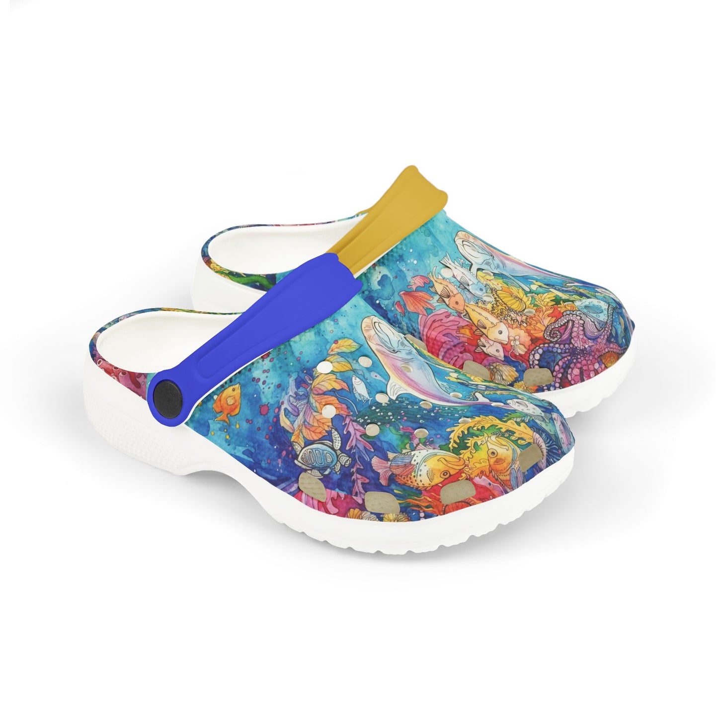 Kids slip-on clogs with colorful ocean reef print, white outsole, yellow and blue strap.